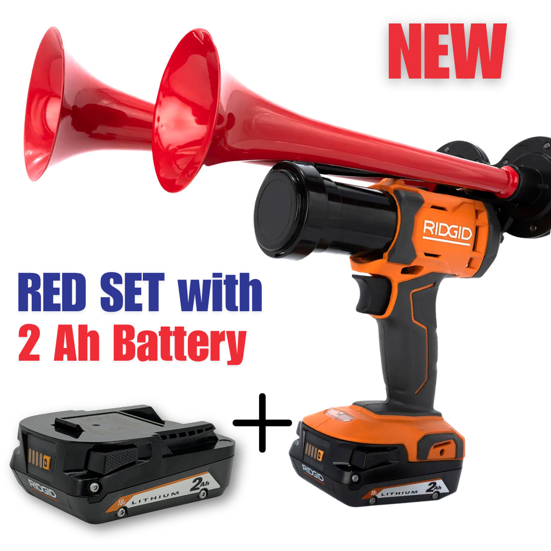 Ridgid 18V Dual Red Train Horn Loud Metal Trumpets + Battery | Handheld Air Horn