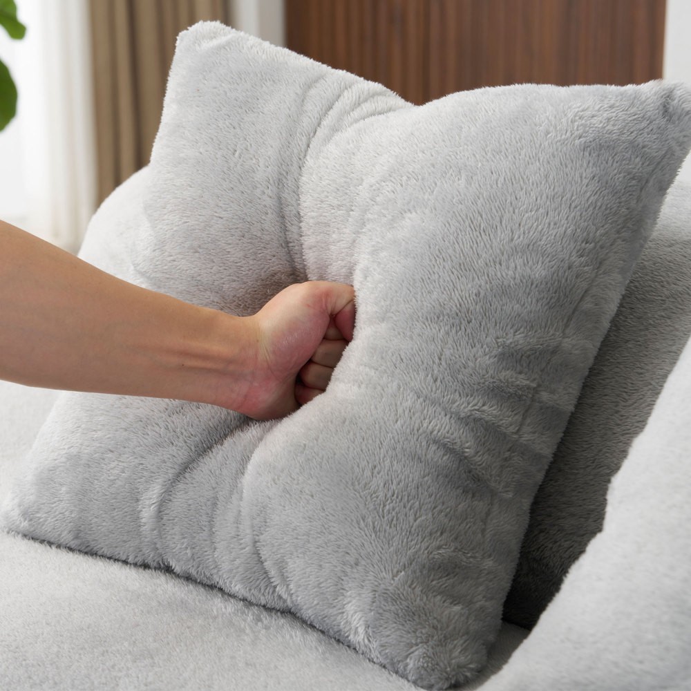 Curved Flannelette Sofa w/ Pillows, Light Gray, 4-Seat Modern Sectional