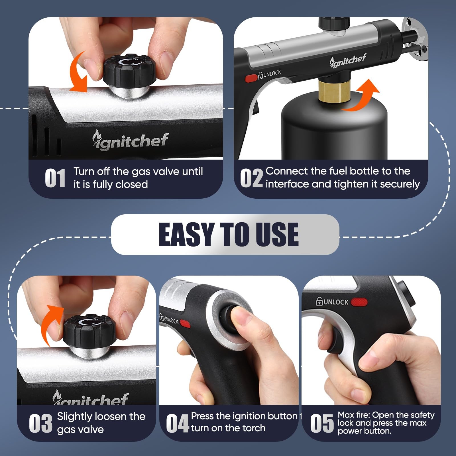 Propane Torch Gun, Adjustable Flame & Safety Lock, BBQ/Camping