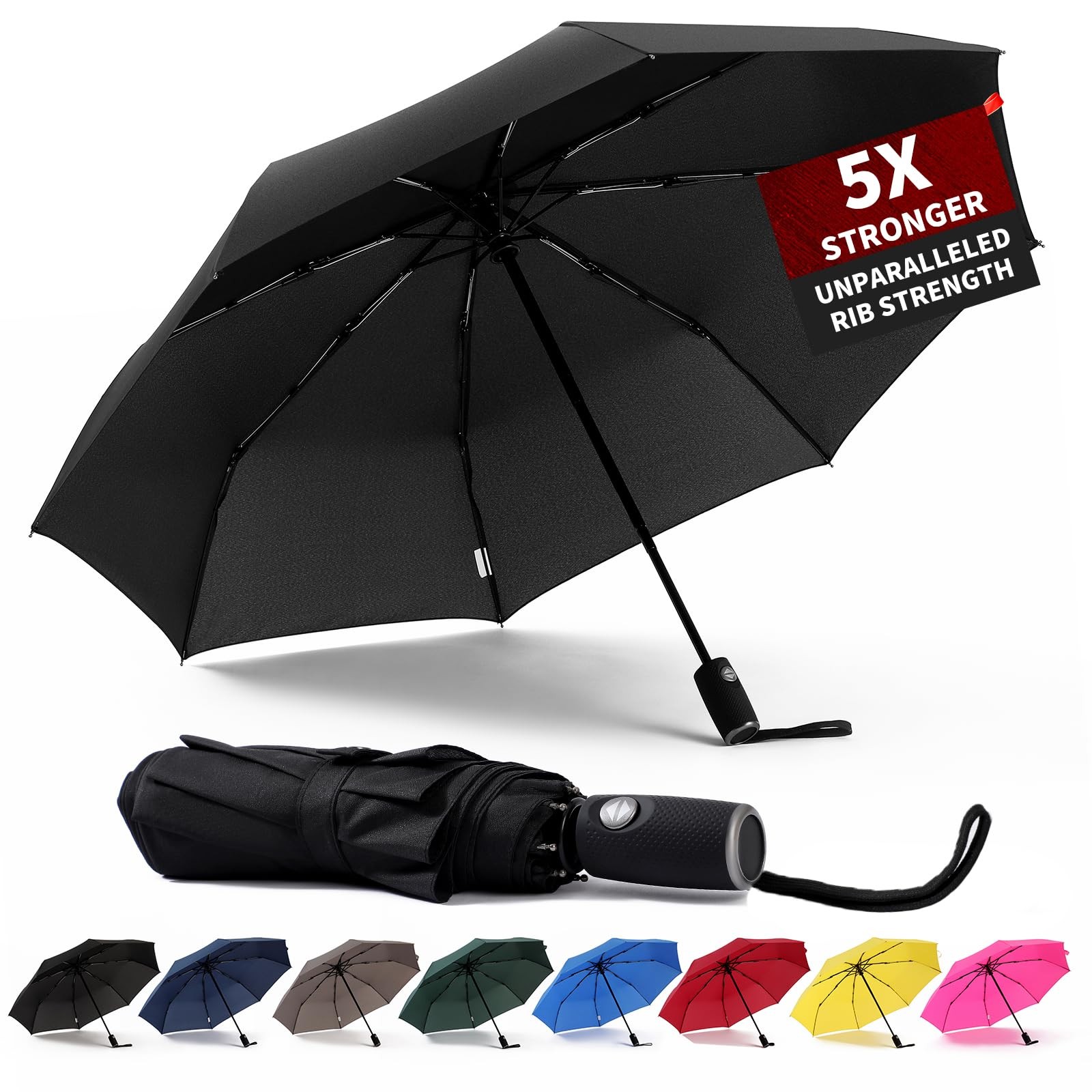 Anntrue Windproof Travel Umbrella, Auto Open Close 46" Canopy, Black