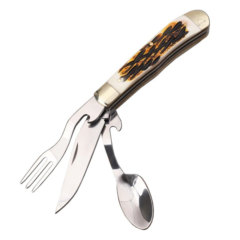 Deer Antler Folding Knife Spoon Fork Hiking Camping Travel Eating Utensils 440C
