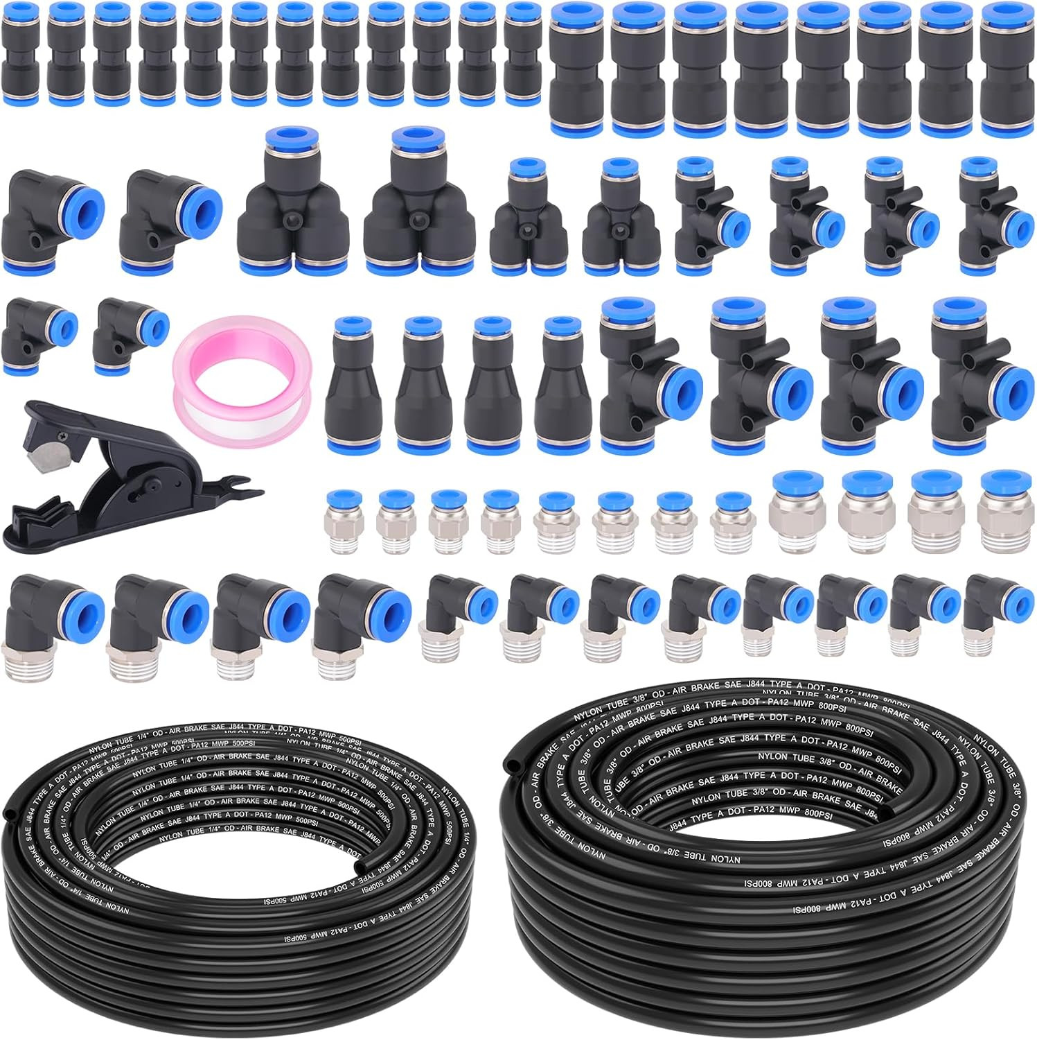 68 Pcs DOT Air Line with Quick Connect Air Fittings Kit 2 Roll 50FT 1/4" and 3/8
