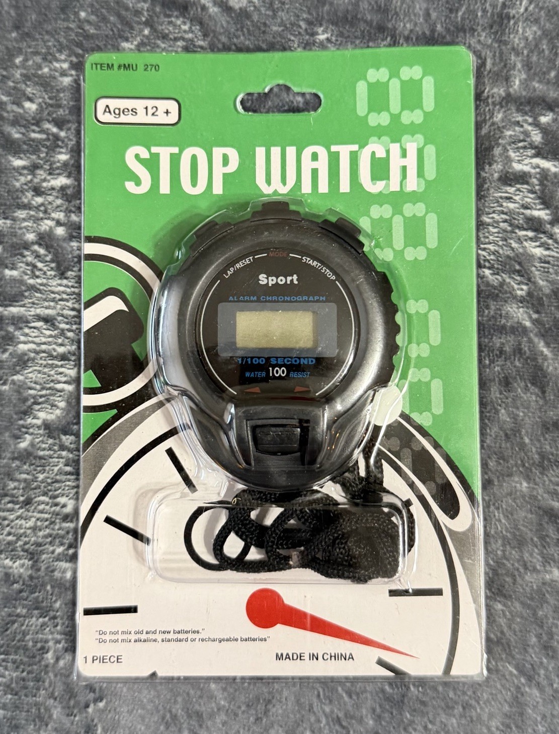 Sport Digital Stopwatch Alarm Chronograph 1/100 Sec Water Resistant New MU 270