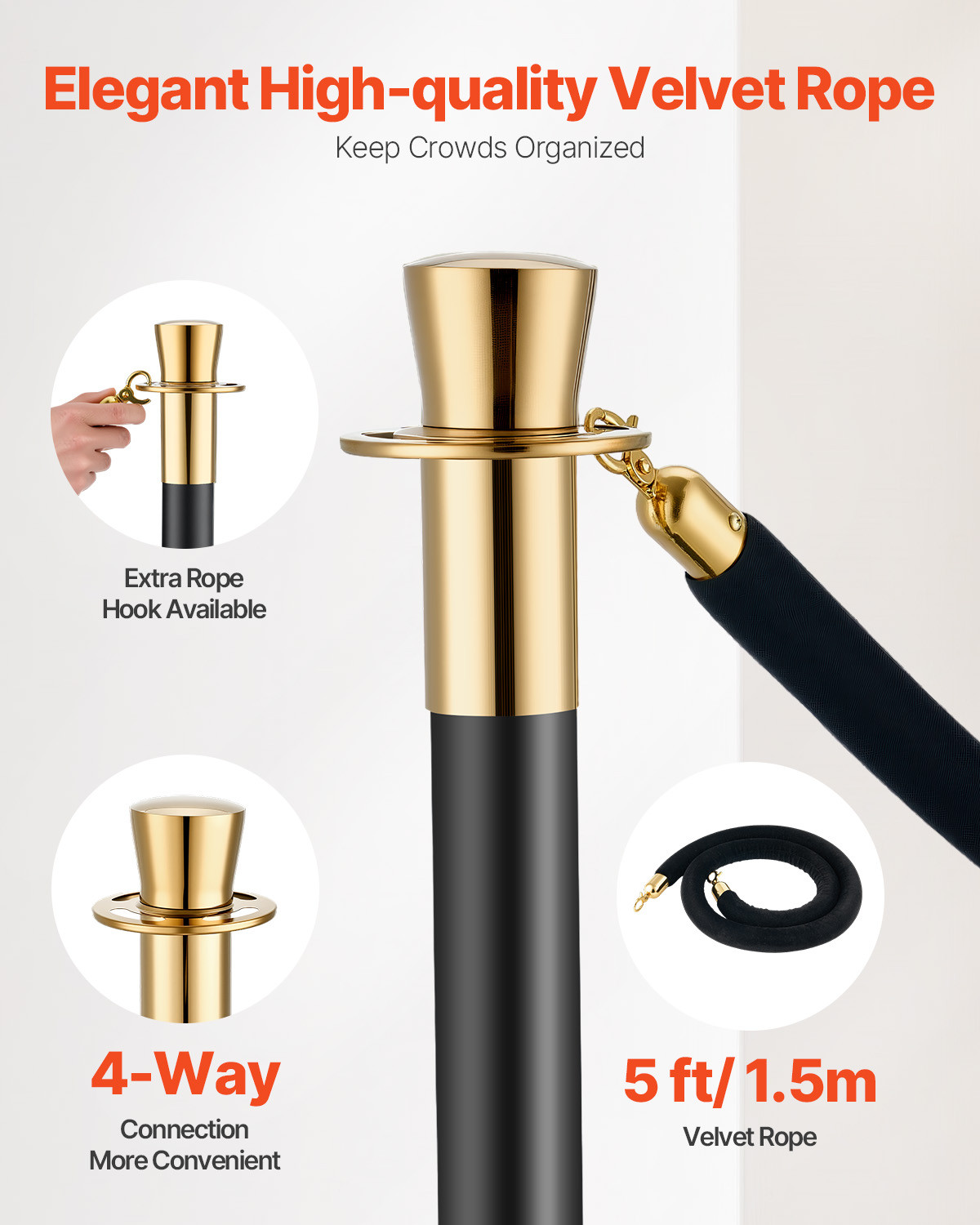 6 Pcs Stanchion Post with 4 Black Velvet Ropes Sand Injection Hollow Base