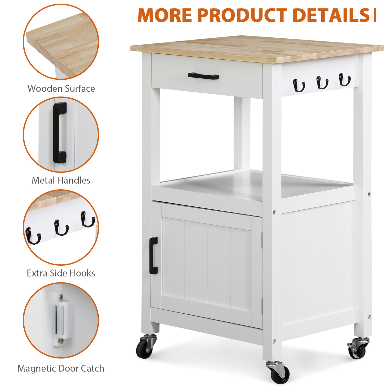 Kitchen Cart with Drawer on Swivel Wheels with 3 Side Hooks for Dining Room