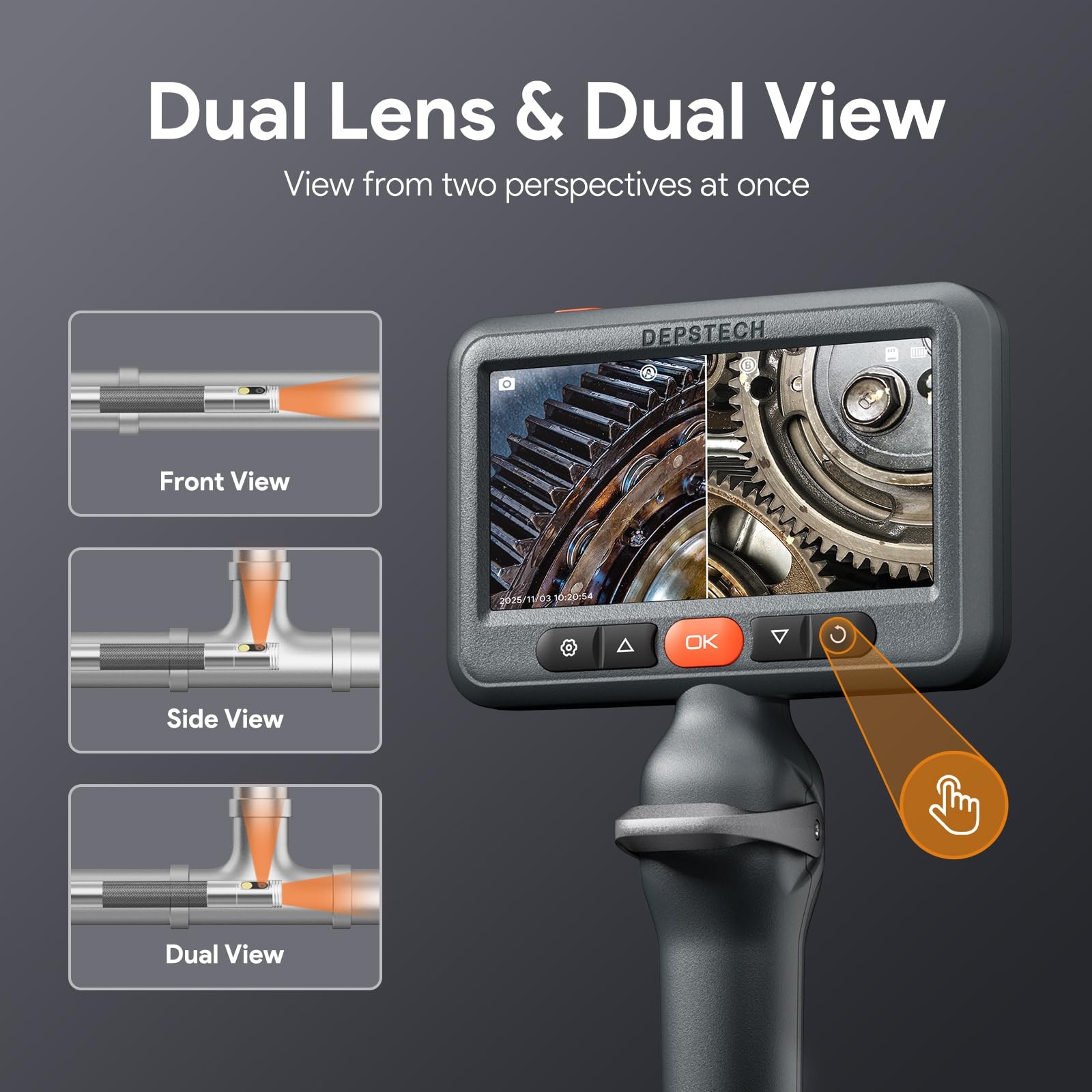 DEPSTECH Dual Lens Borescope Camera with Light, Two-Way Articulating Borescop...