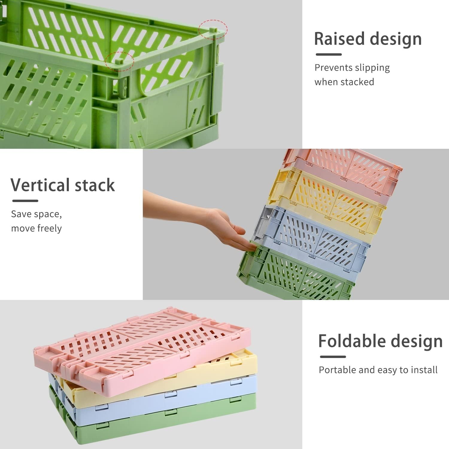 Space-Saving 4 Pack Plastic Folding Crates - Versatile Storage Baskets in Pastel