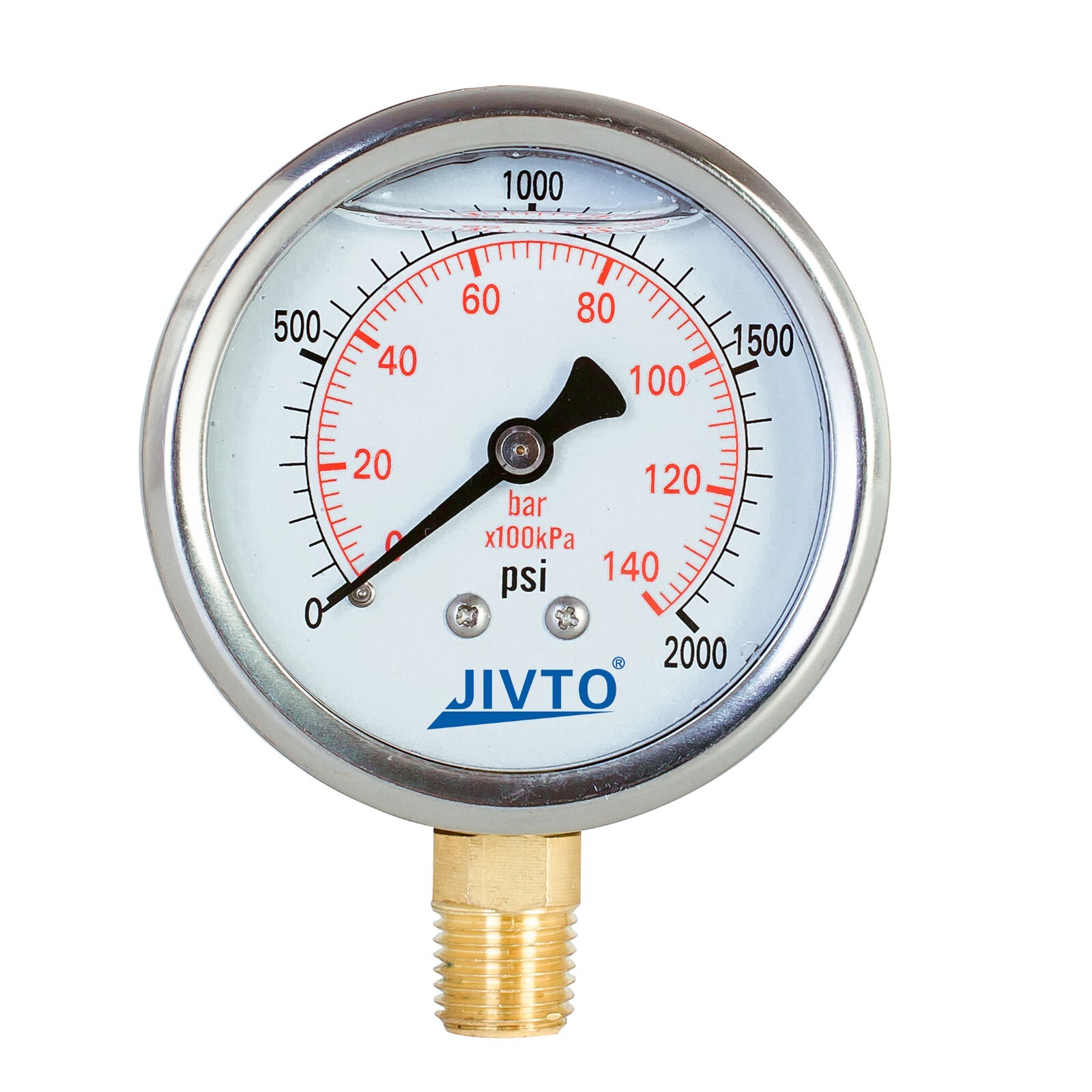 JIVTO Pressure Gauge,Glycerin Filled, 2-1/2" Dia,0-2000 psi, 1/4 NPT Lower Mount