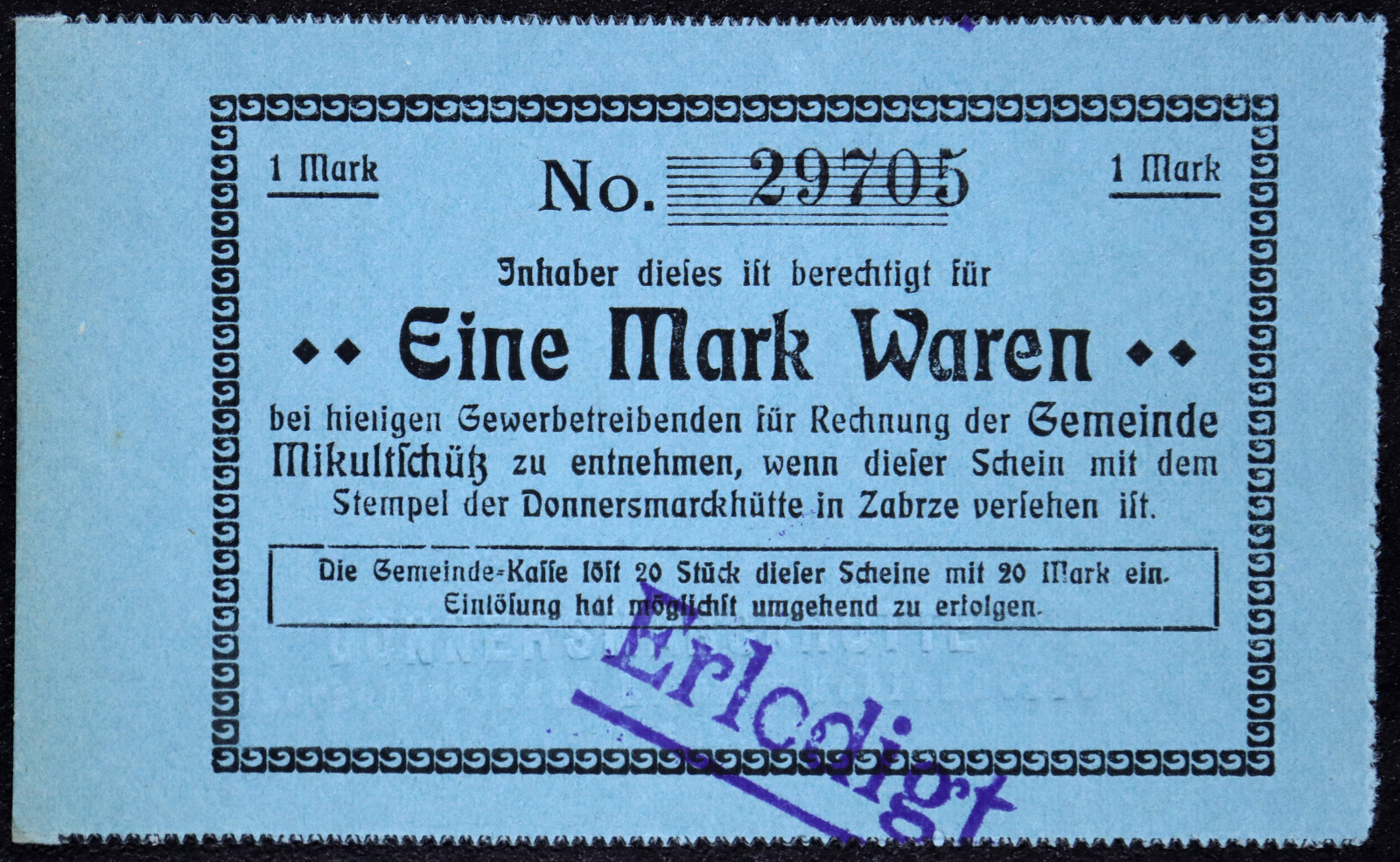 MIKULTSCHÜTZ / MIKULCZYCE (ZABRZE) 1914 1 Mark Goods WWI German Notgeld Poland