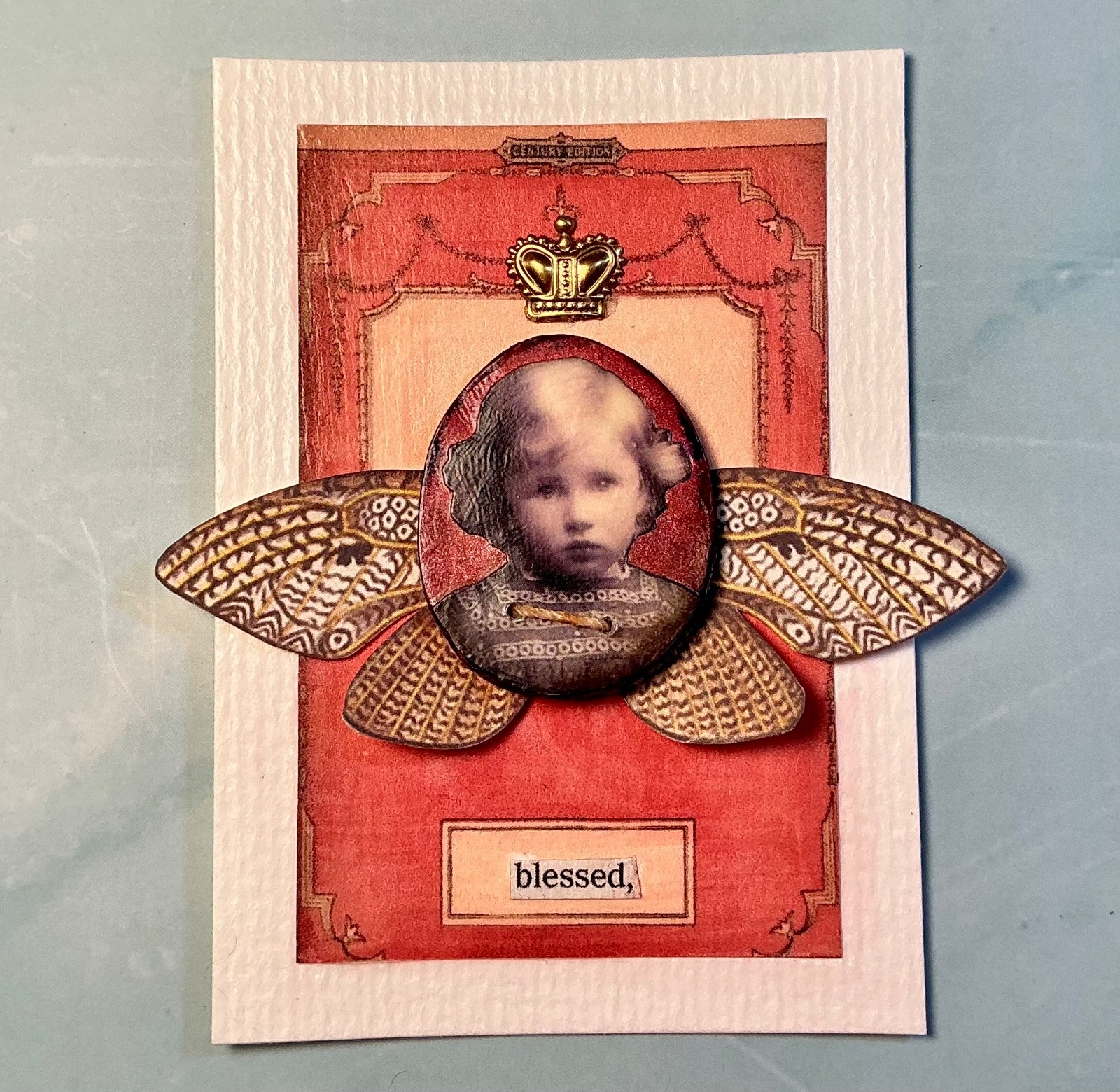 Mixed Media Collage Art Card ACEO Child, Butterfly and Button Series “Blessed”