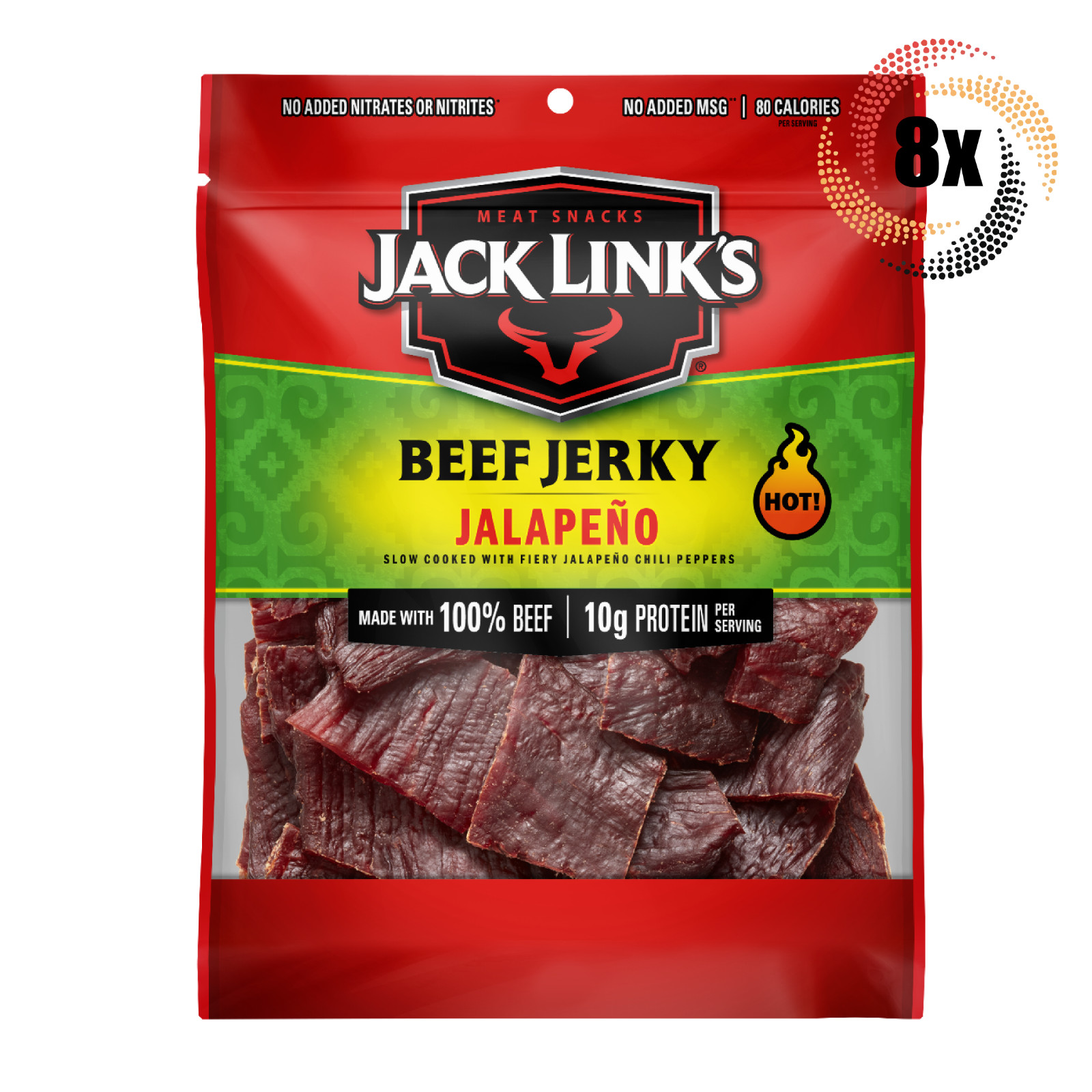 8x Bags Jack Link's Jalapeno Beef Jerky | 3.25oz | 100% Beef | 10G Protein