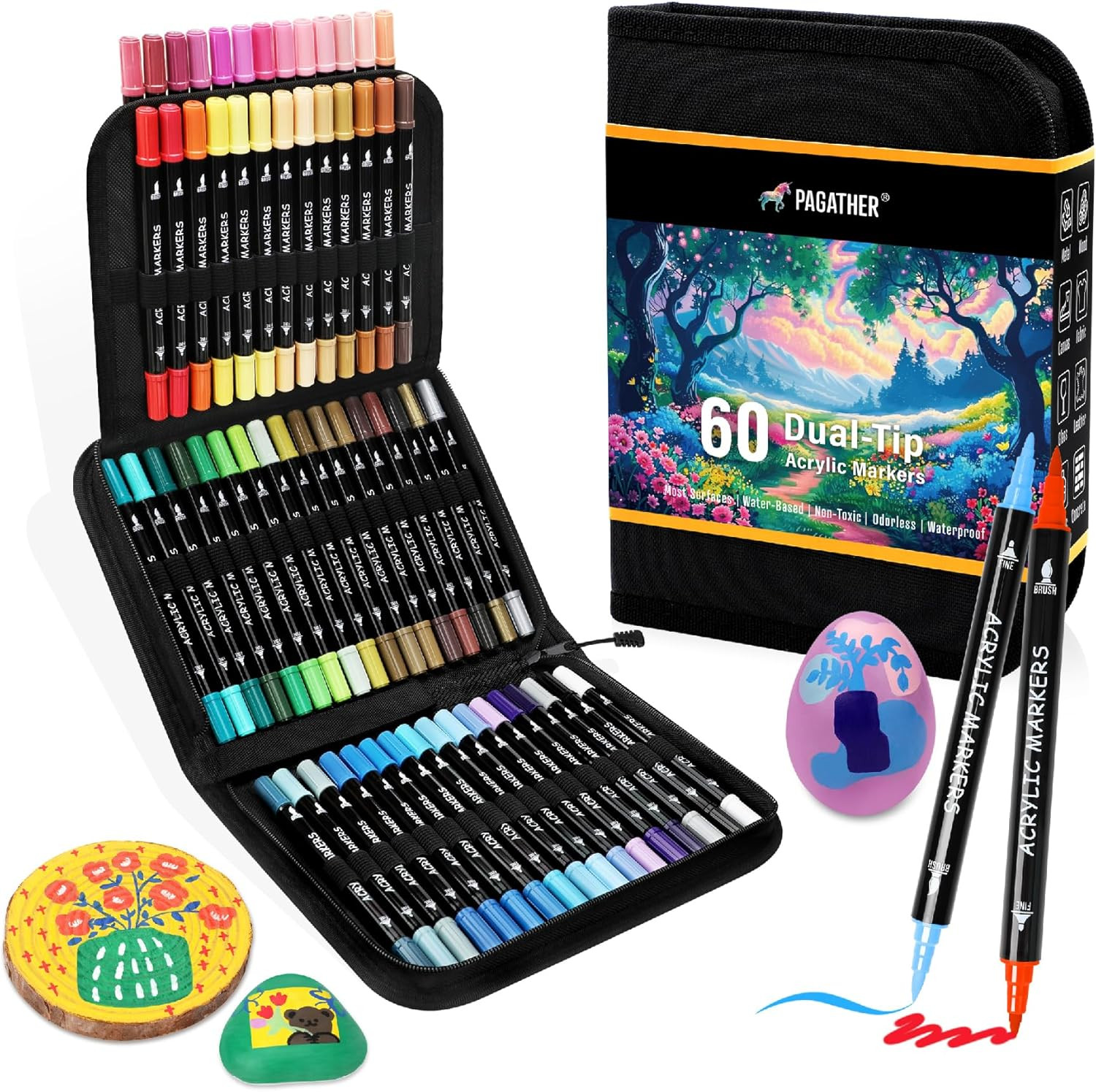 60 Colors Acrylic Paint Markers, Dual Tip w/ Fine Tip & Brush Tip Pens for Stone