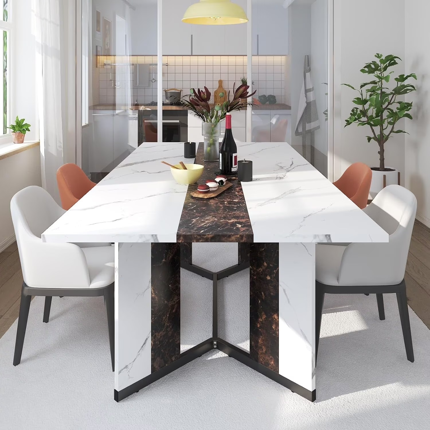 6 ft Large Modern Rectangular Dining Table for 6-8 People White Faux Marble Fin