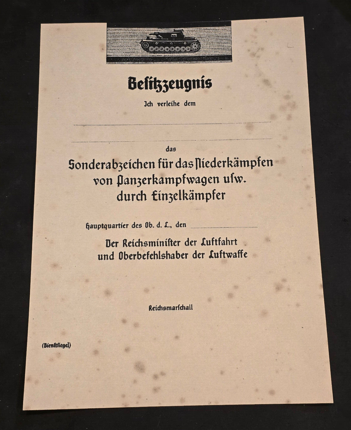 Third Reich LUFTWAFFE TANK DESTROYERS STRIP Award document WWII WW2 German
