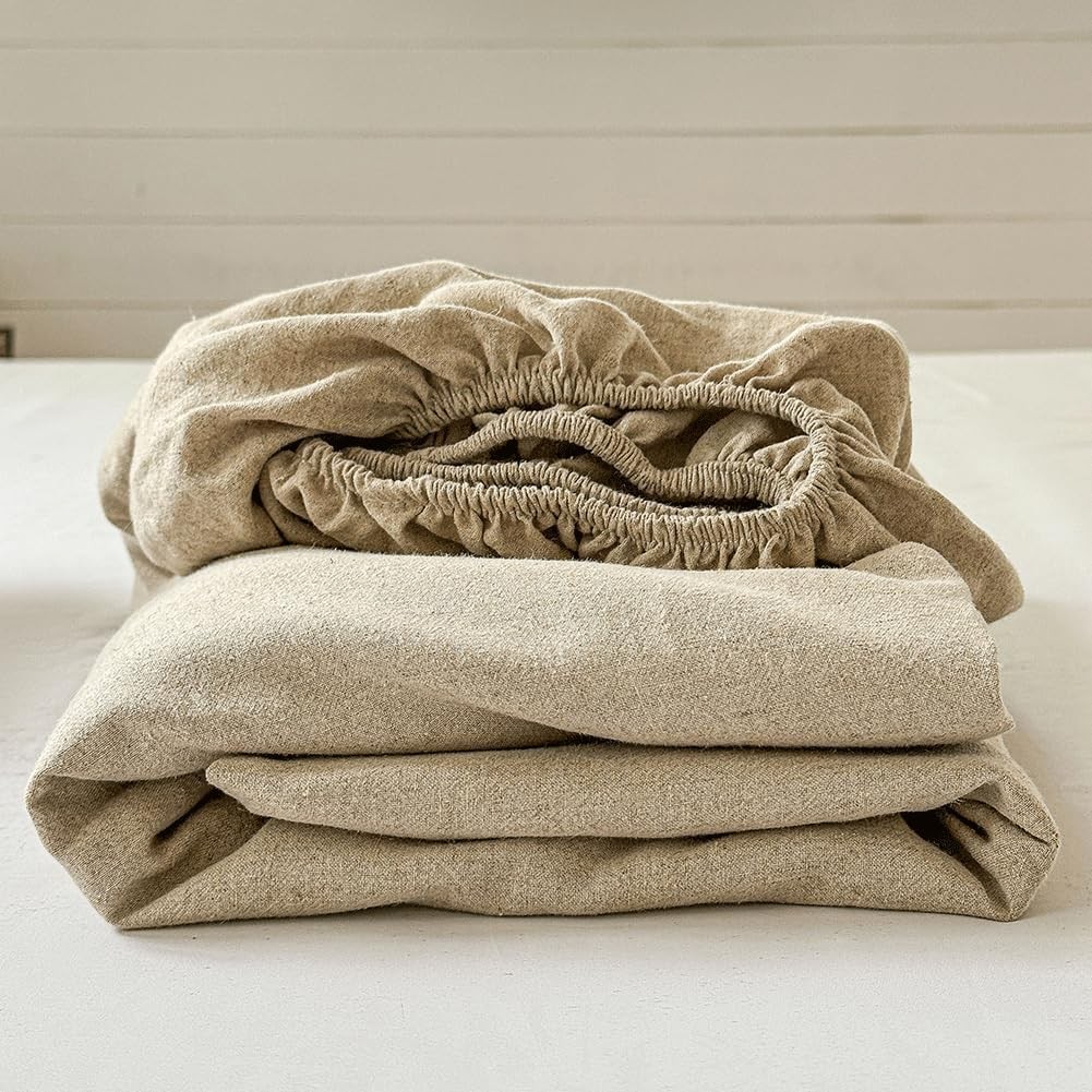 100% Linen Fitted Sheet Queen Size(1 Piece), 16" Deep Pocket Mattress Cover, ...
