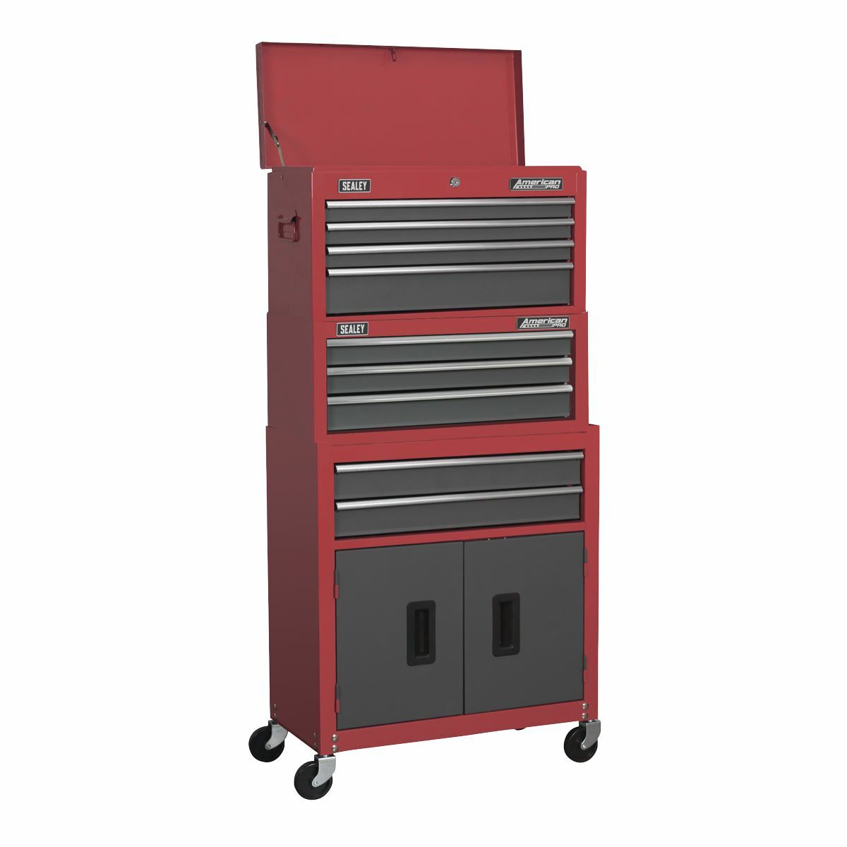 Sealey American Pro Topchest, Mid-Box & Rollcab 9 Drawer Stack - Red