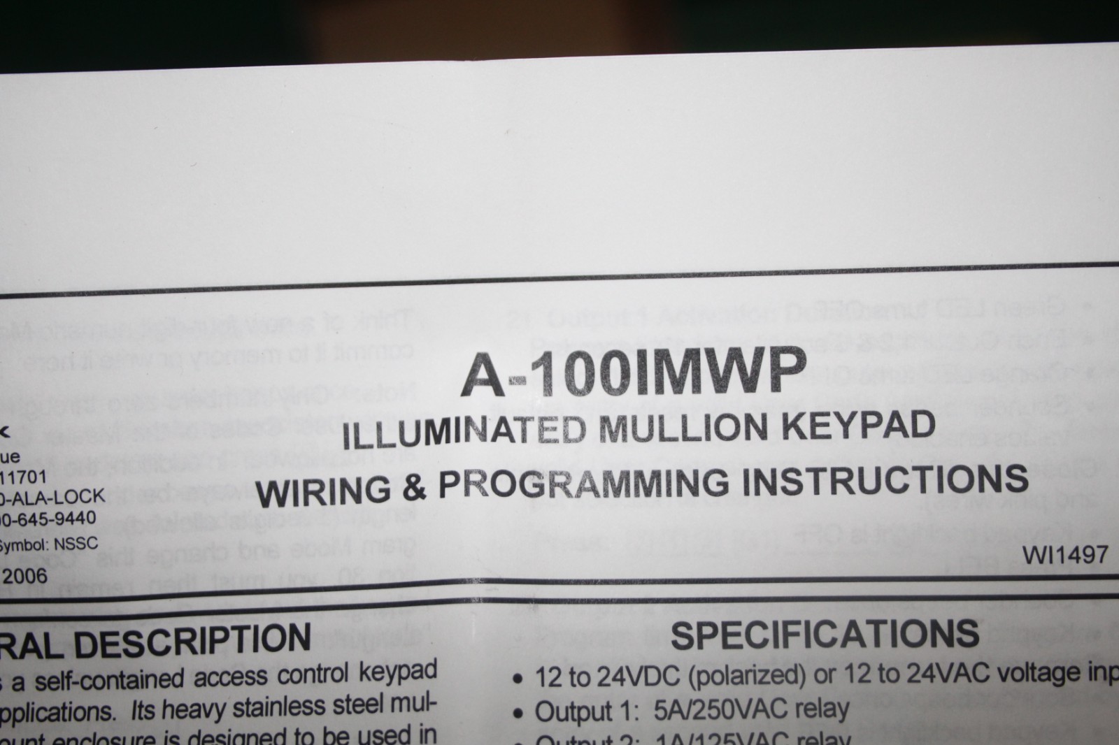 ALARM LOCK A-100IMWP SS MULLION PUSHBUTTON CONTROL KEYPAD 12/24V AC/DC NEW