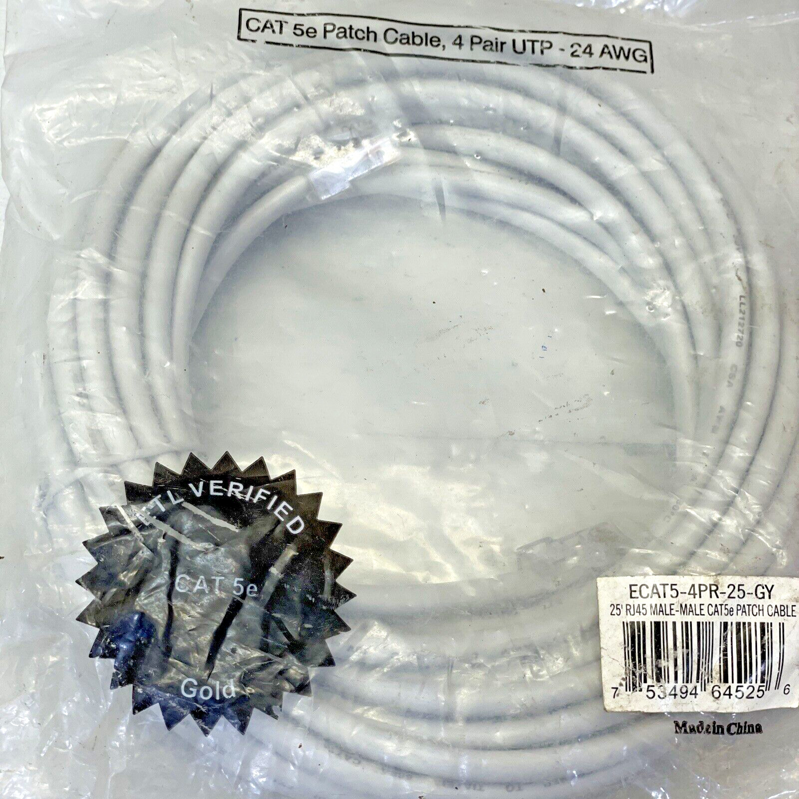 25' ECAT5 4 Pair 24AWG RJ45 UTP Patch Ethernet Cable, Male - Male, Gray