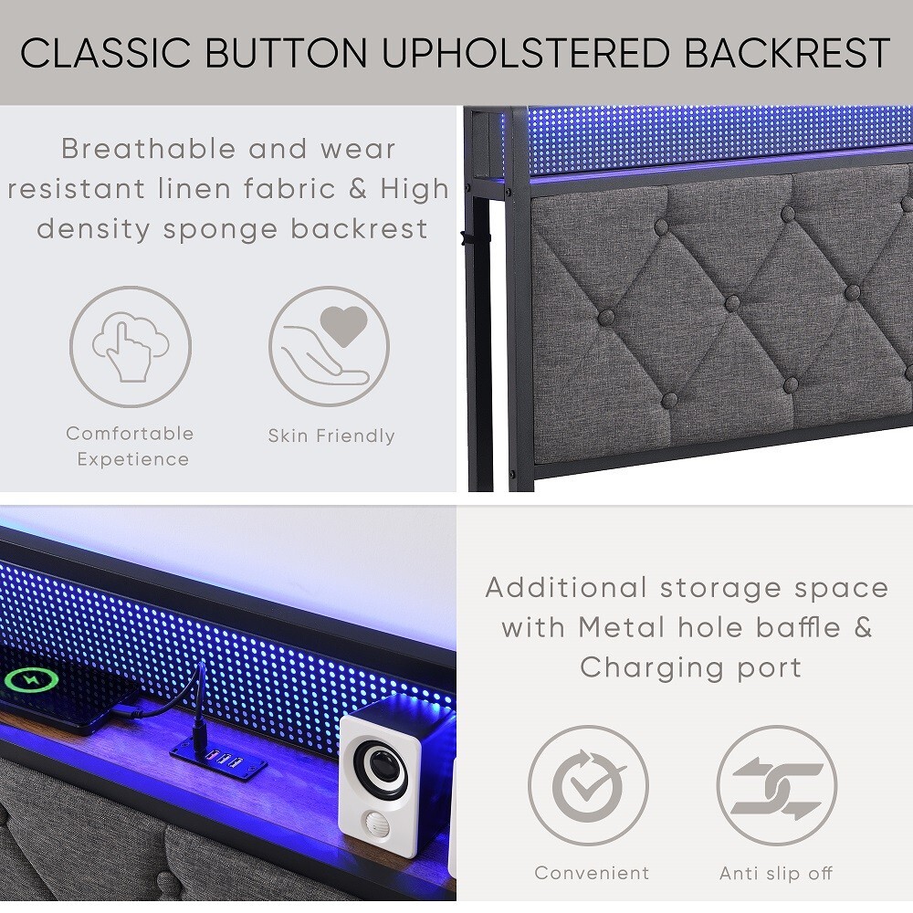 Full Size Bed Frame w/ LED Headboard, Storage & Platform, Outlet, USB Ports