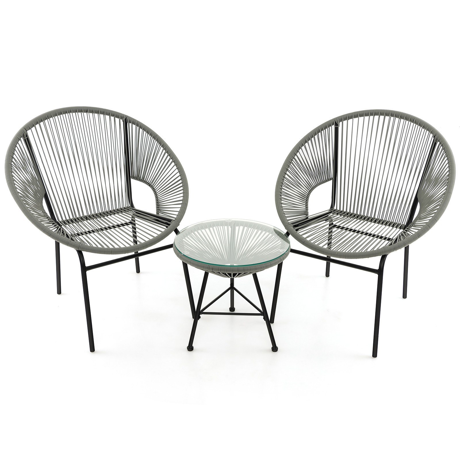 3PCS Patio Acapulco Furniture Bistro Set Plastic Rope Glass Table Grey