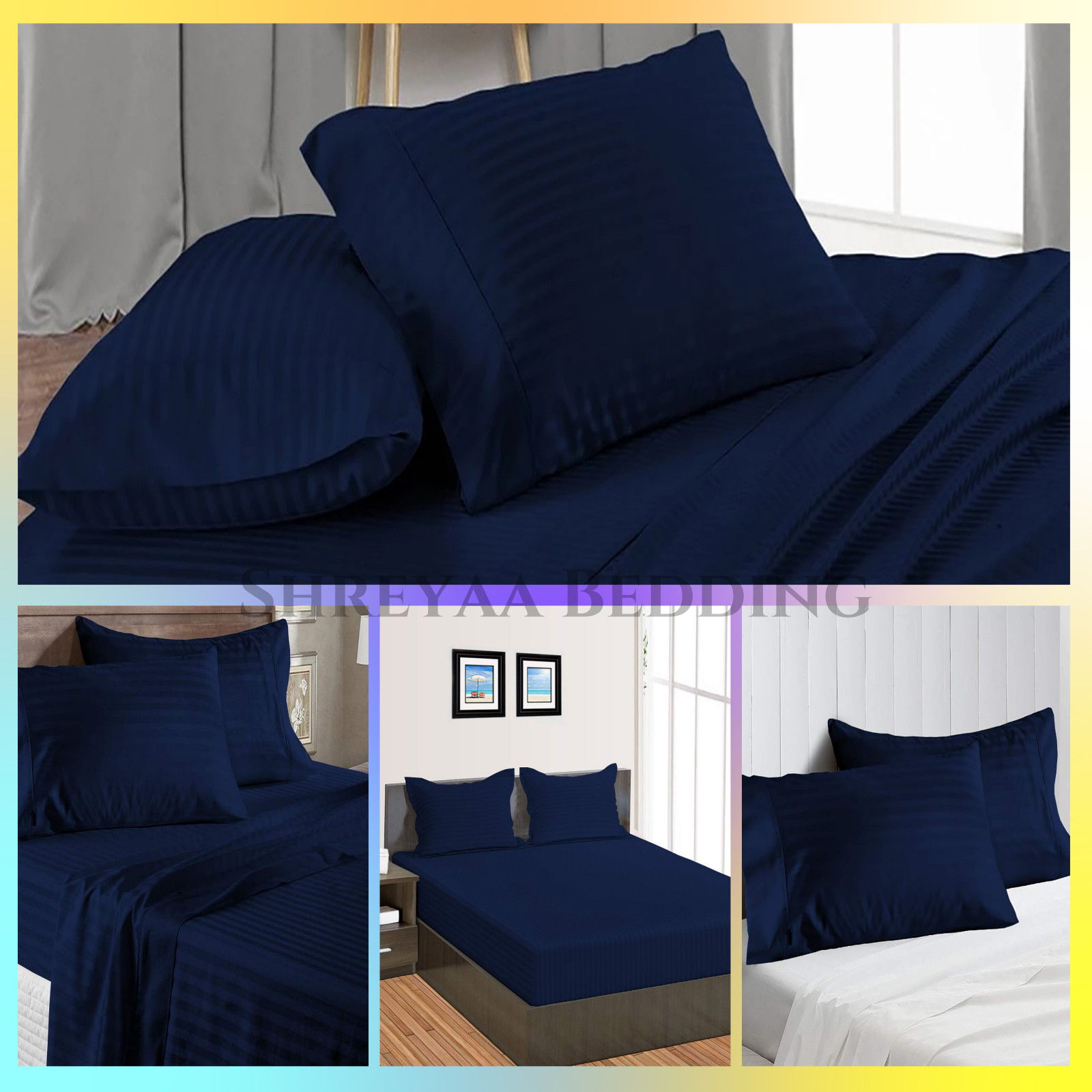 Extra Deep Pocket Bed Sheets 1000 - 1200 TC Egyptian Cotton Navy Blue Stripe