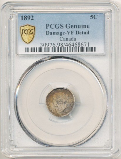 1892 Bank Of Canada 5 Cents, 5C, PCGS VF Details Damage, Victoria