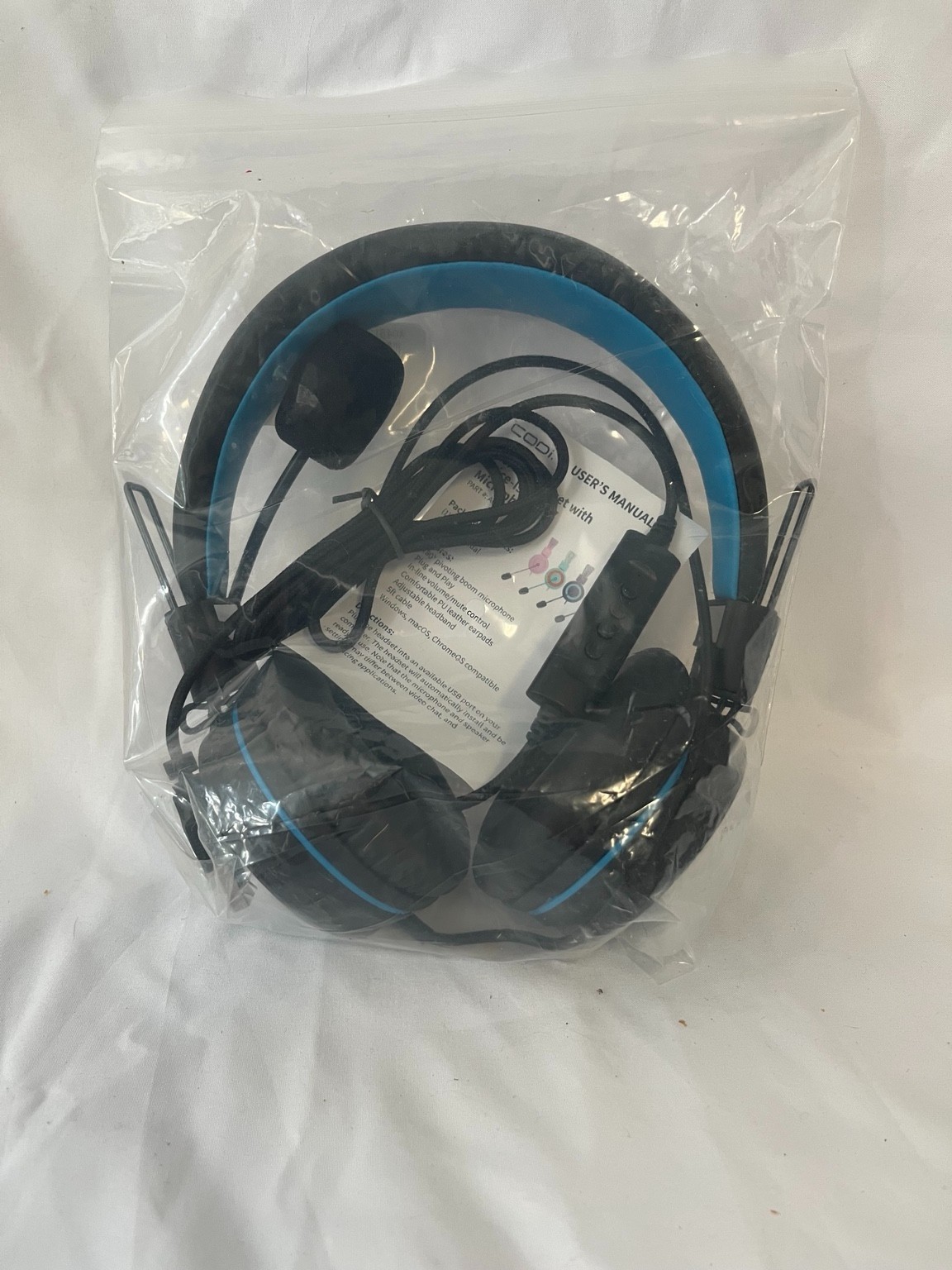 CODi A04513 USB-A Stereo Headset Boom Mic Inline Controls Blue Black Open Box