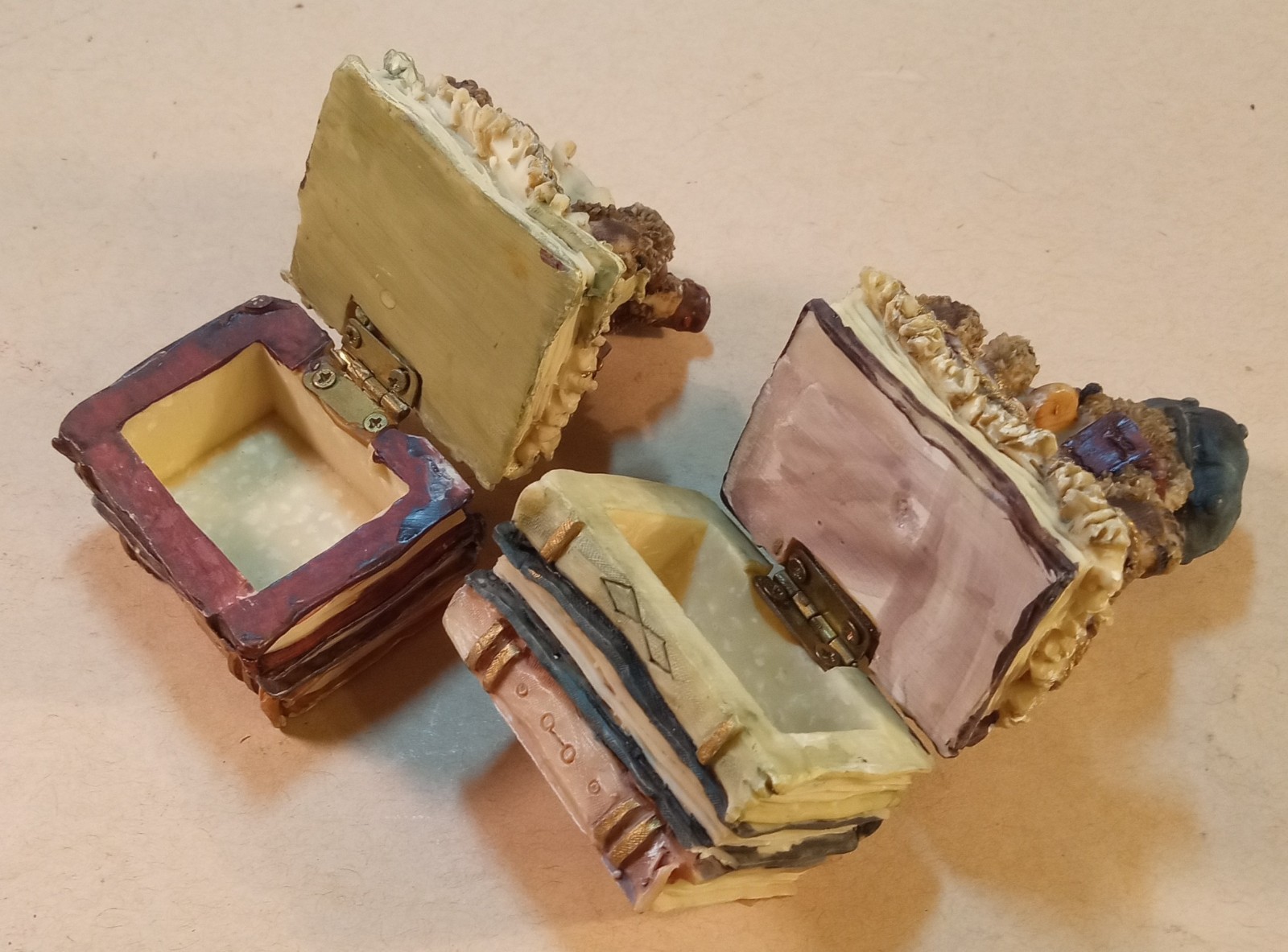 Trinket Boxes. (2) Teddies Sitting On Books. 3.25" Average.