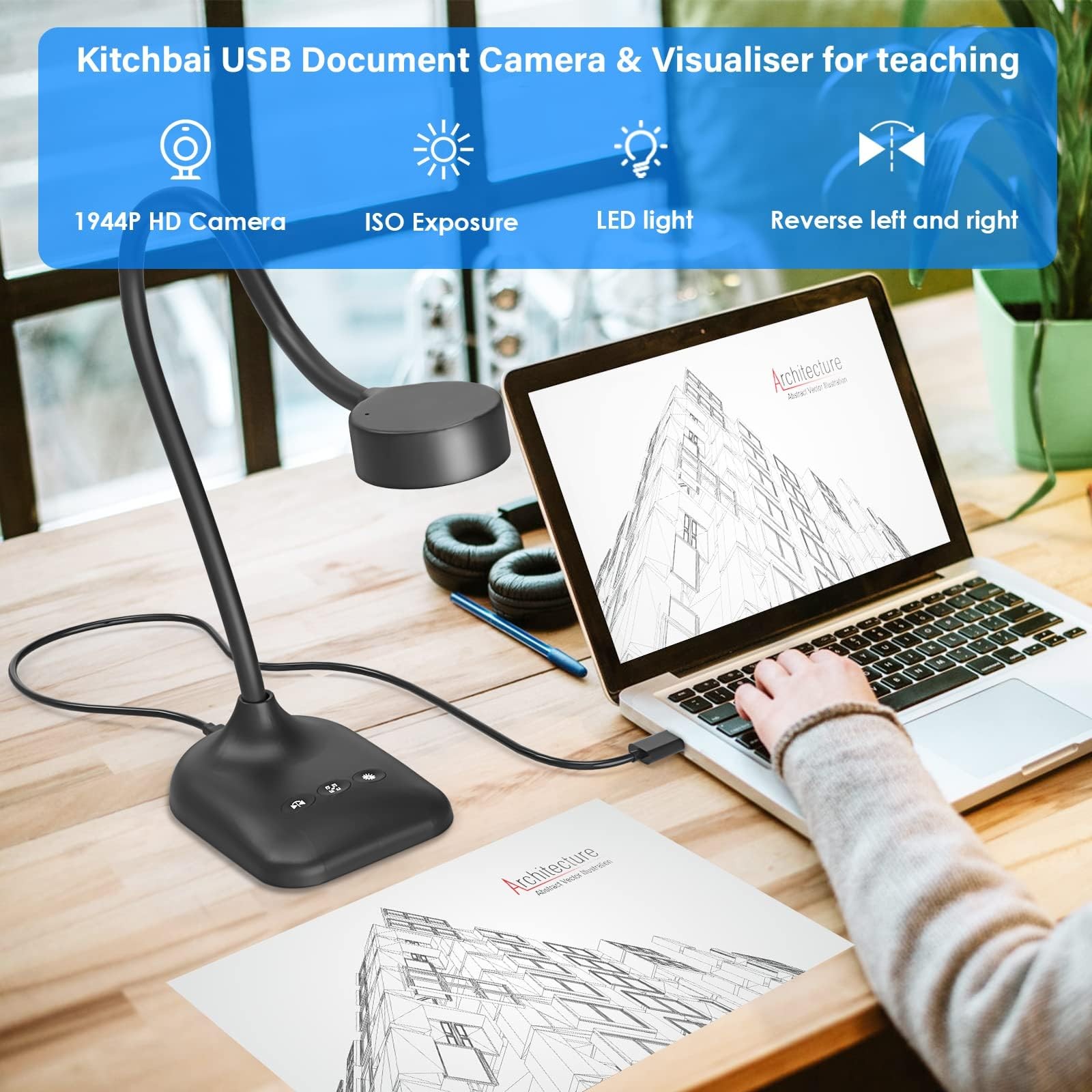 kitchbai Document Camera for Teachers, Webcam and Overhead Camera for Classro...