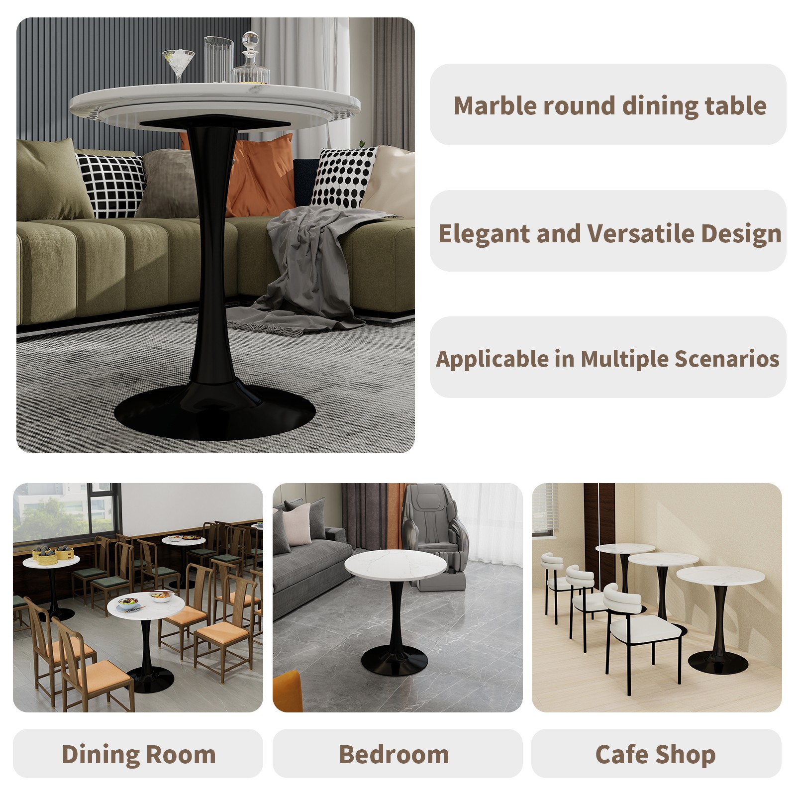 27.6-inch black coffee table, mid-century modern style dining table, accommoda