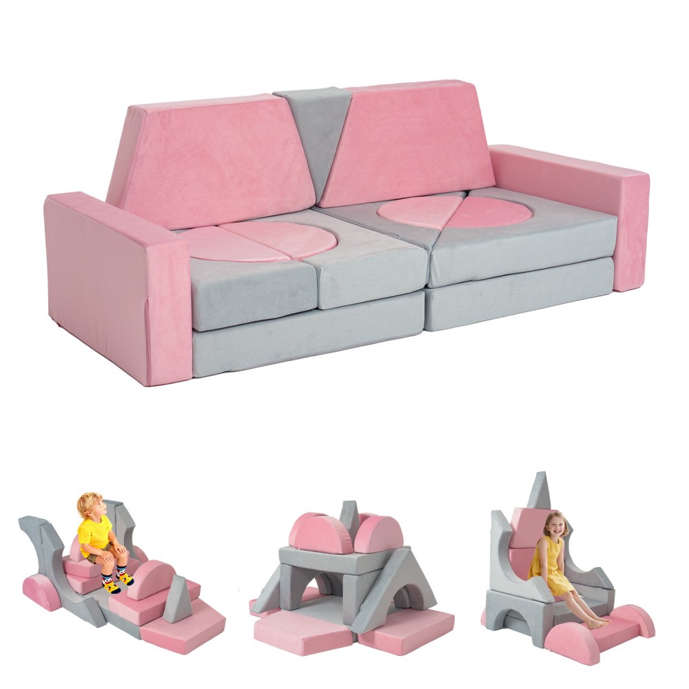 15pcs Modular Kids Play Couch Sofa, Fort Building Kit, Pink+Grey Foam