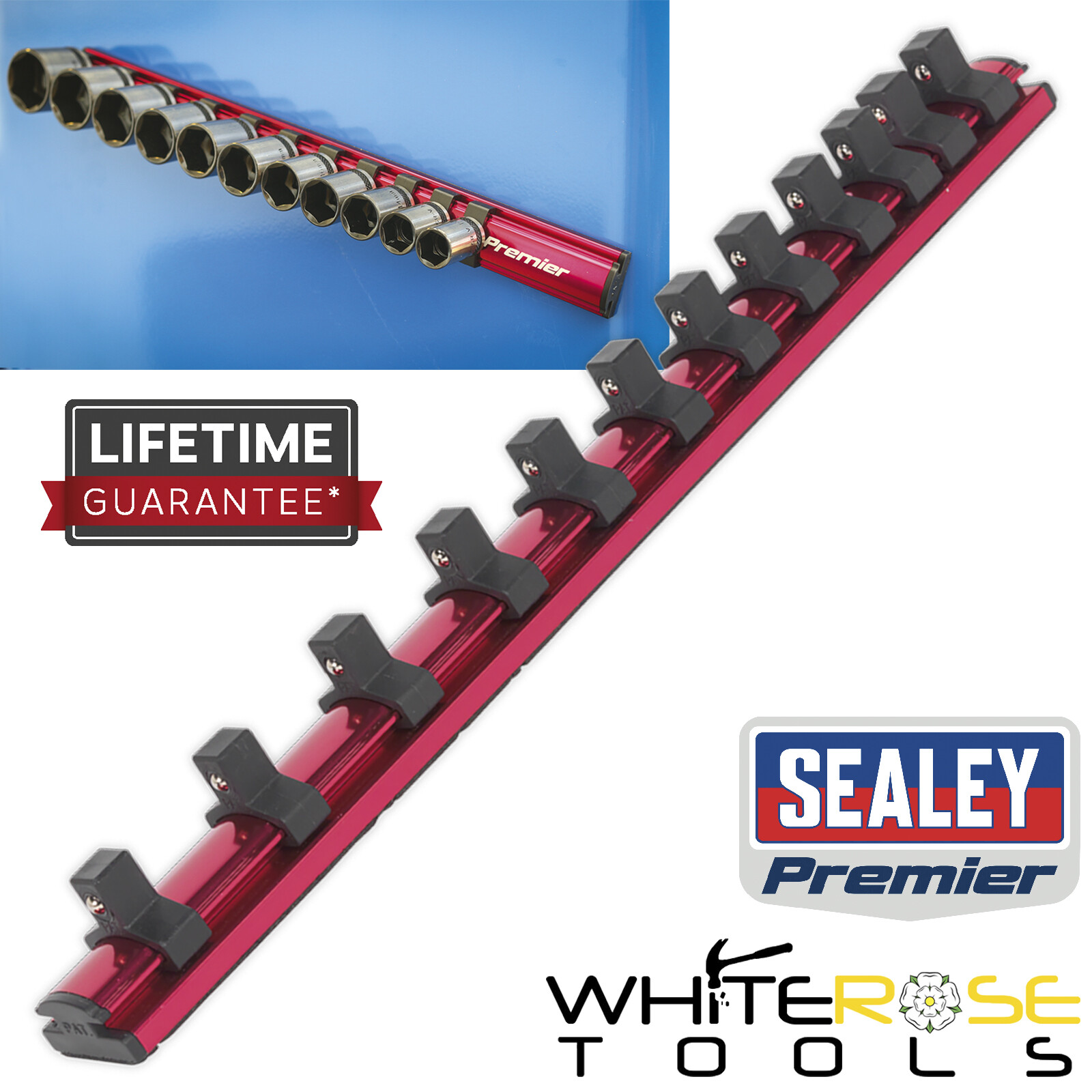 Sealey Socket Retaining Rail Magnetic 3/8"Sq Drive 12 Clips Premier