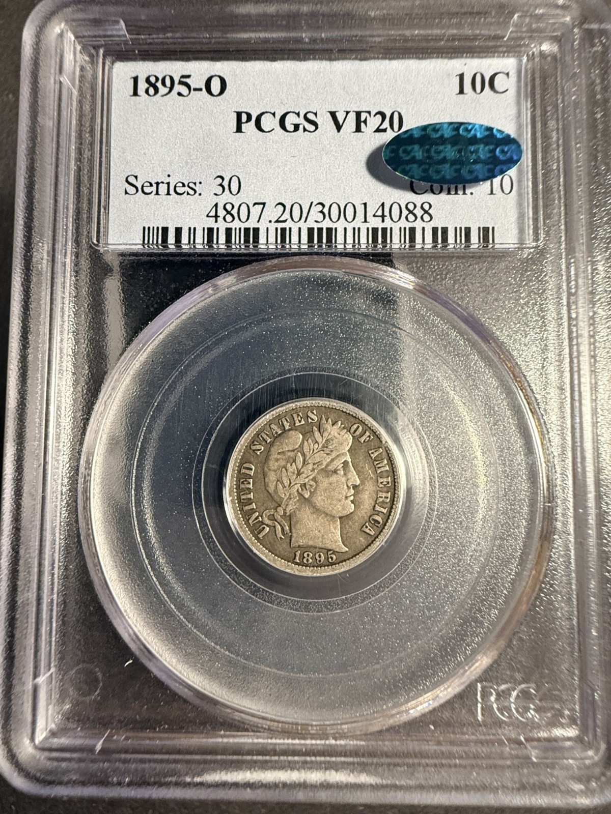 1895-O Barber Dime, VF20 PCGS+CAC (16523) Key Date