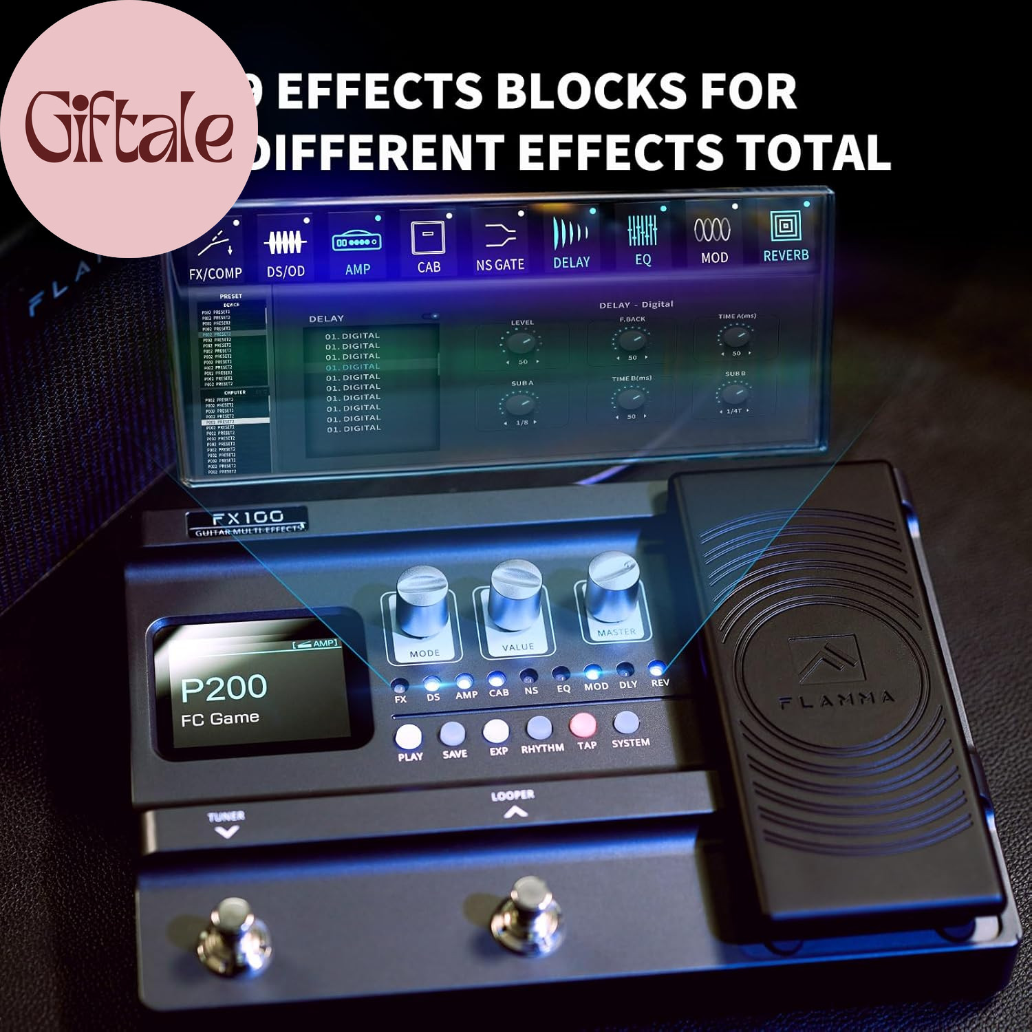 FX100 Guitar Multi-Effects Pedal with 55 Amp Models 151 Built-In Effects 80' Loo