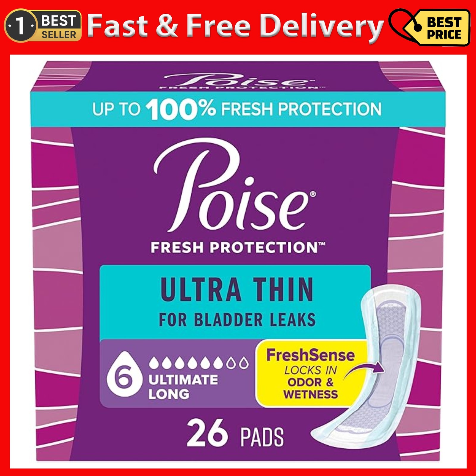 Poise Ultra Thin Incontinence Pads, 6 Drop Ultimate Absorbency, Long Length