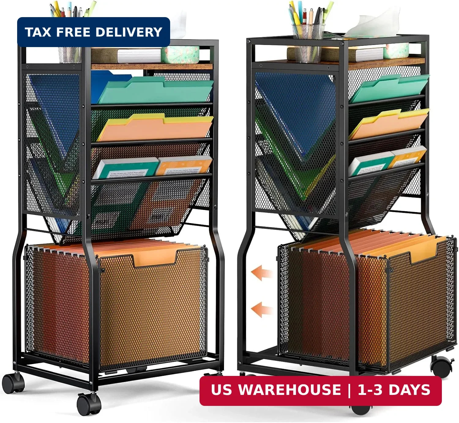 DAOUTIME 8 Tier Rolling File Cart with Hanging File Folder Organizer, Mobile Fil
