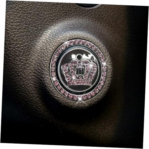 Craedli Bling Crown Car Engine Start Ring Sticker, Sparkly Rhinestone Key Pink