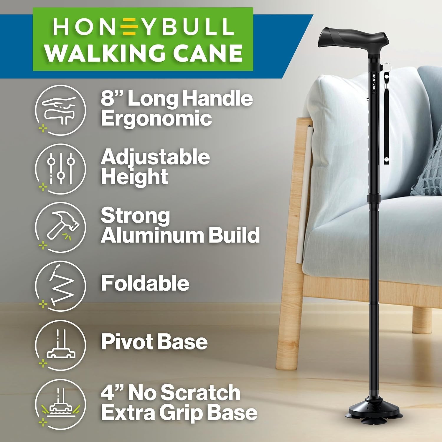HONEYBULL Foldable Walking Cane Adjustable Free Standing Ergonomic