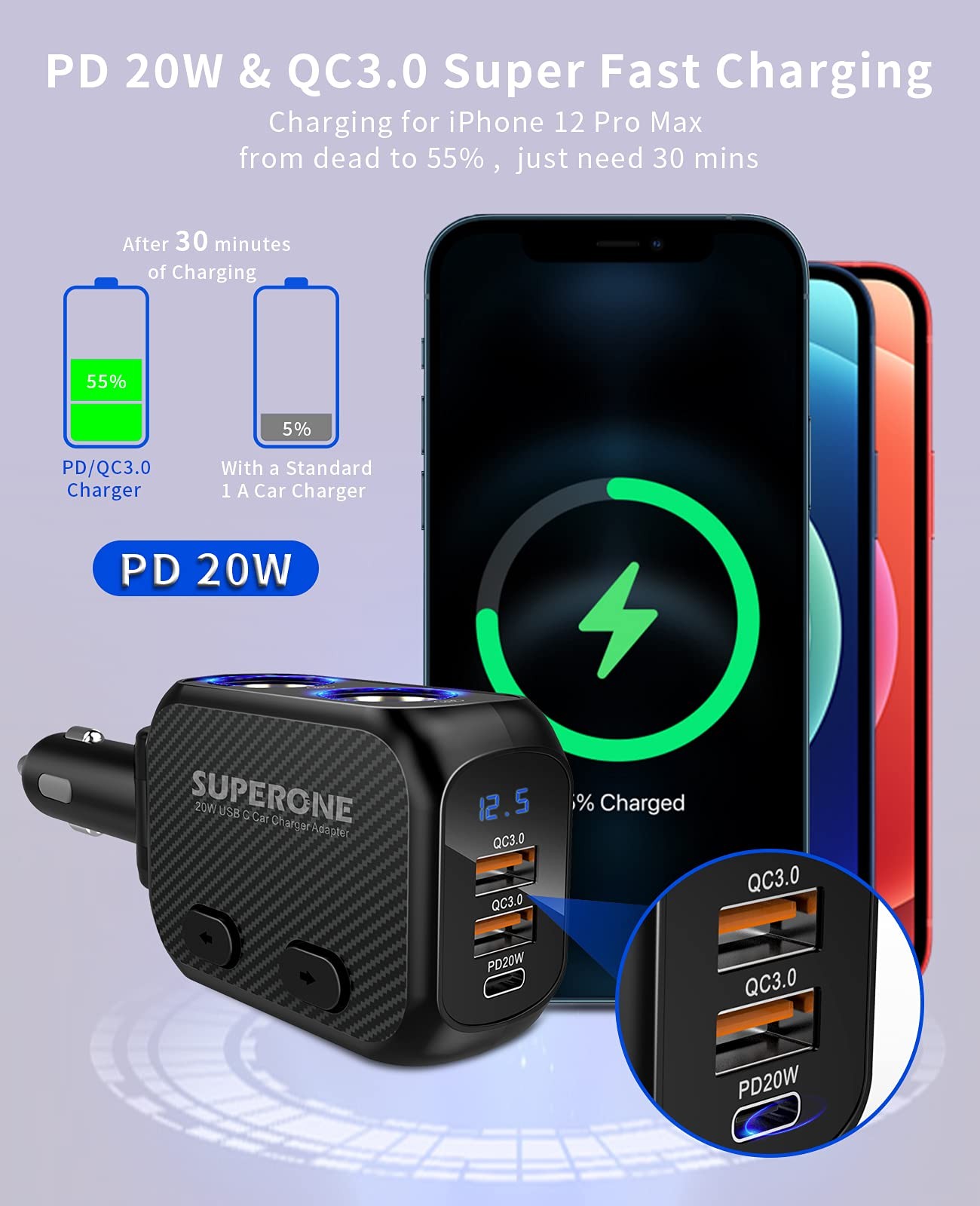 SUPERONE 180W Cigarette Lighter Splitter with 20W PD, 2-Socket black