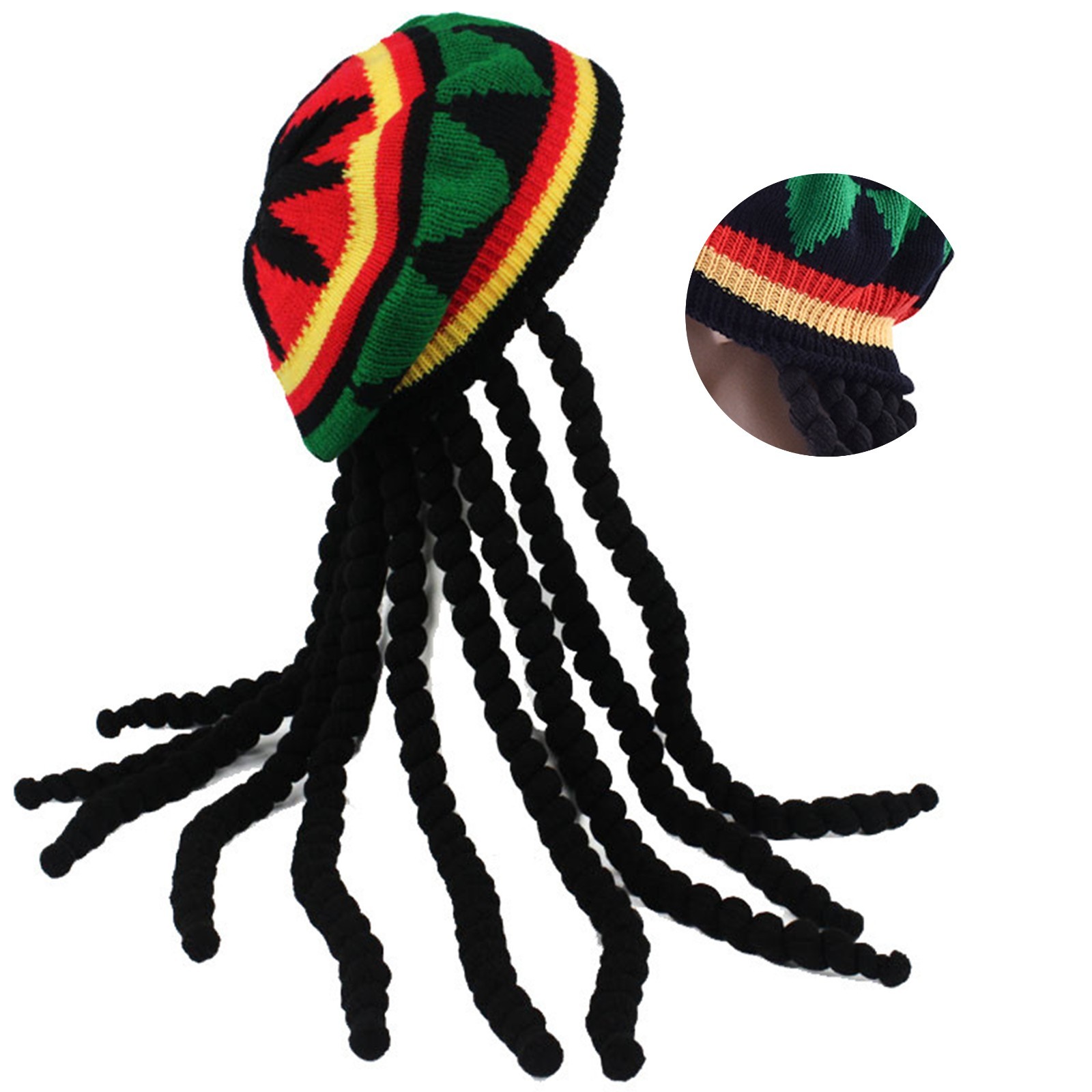 Rasta Dreadlocks Reggae Jamaican Soft Bob Marley Beanie Hat with Wig Fancy Dress