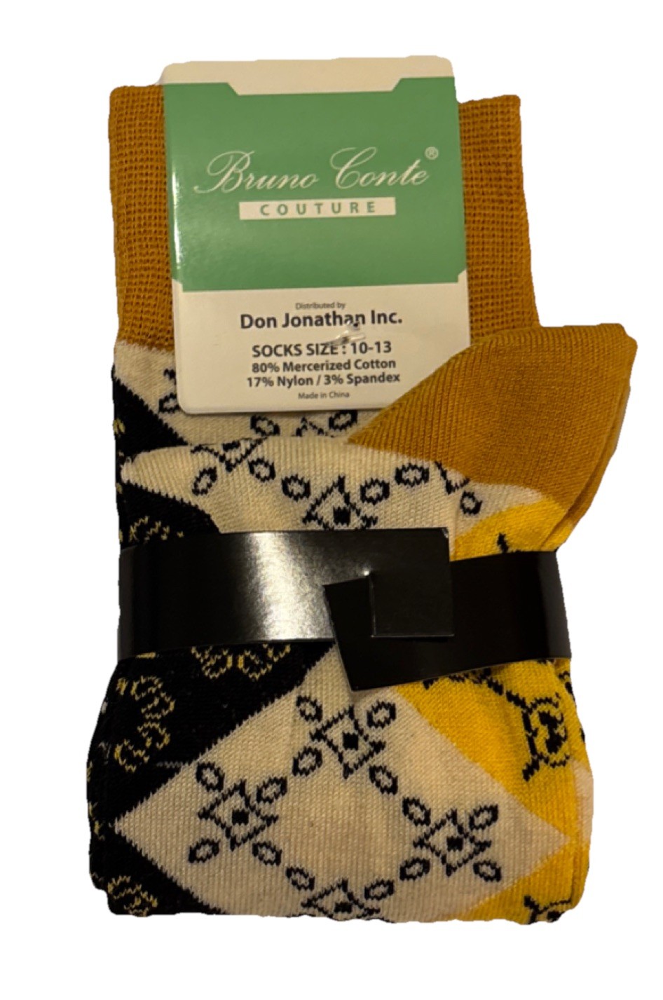 Bruno Conte Men's Patterned Accessory Set Tie Socks Handkerchief Gold & Black
