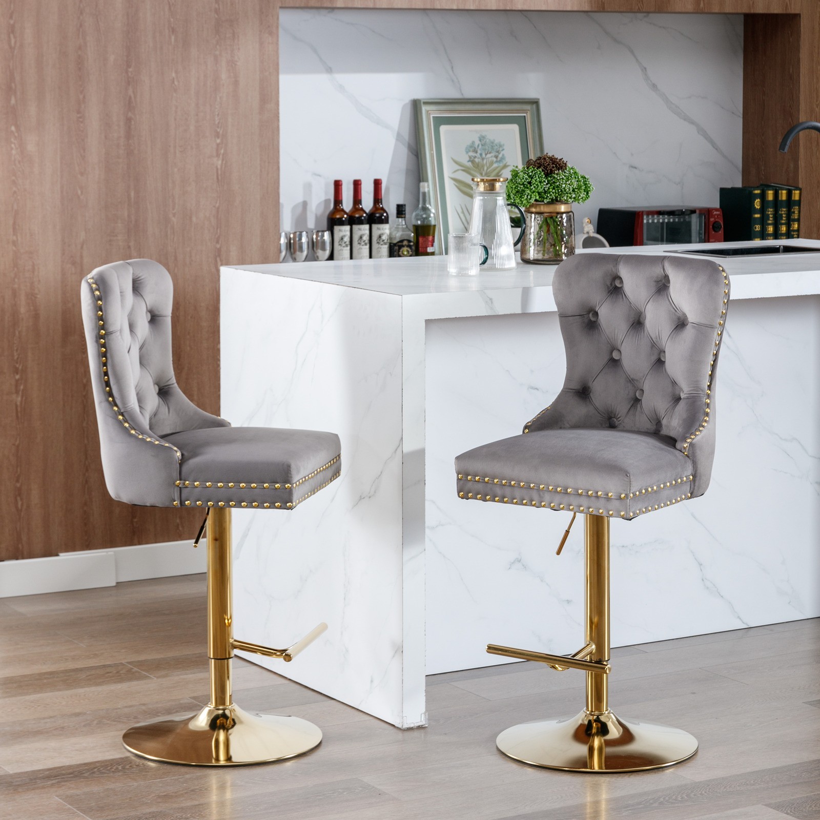 A&A Furniture Golden Swivel Velvet Barstools - Adjustable (27-35"), Tufted
