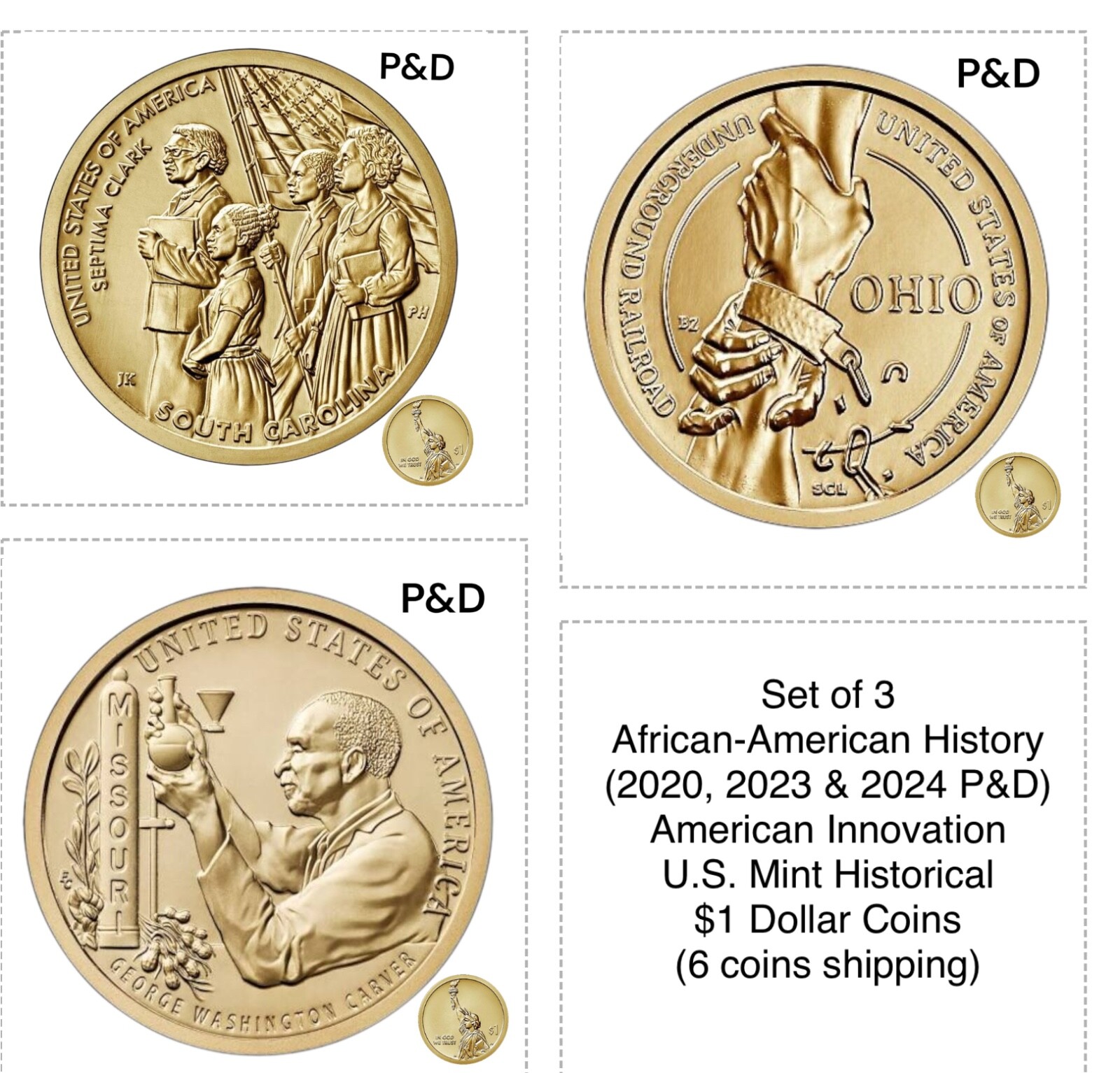 Set of 6 African-American History | American Innovation U.S. Mint $1 Coins P&D