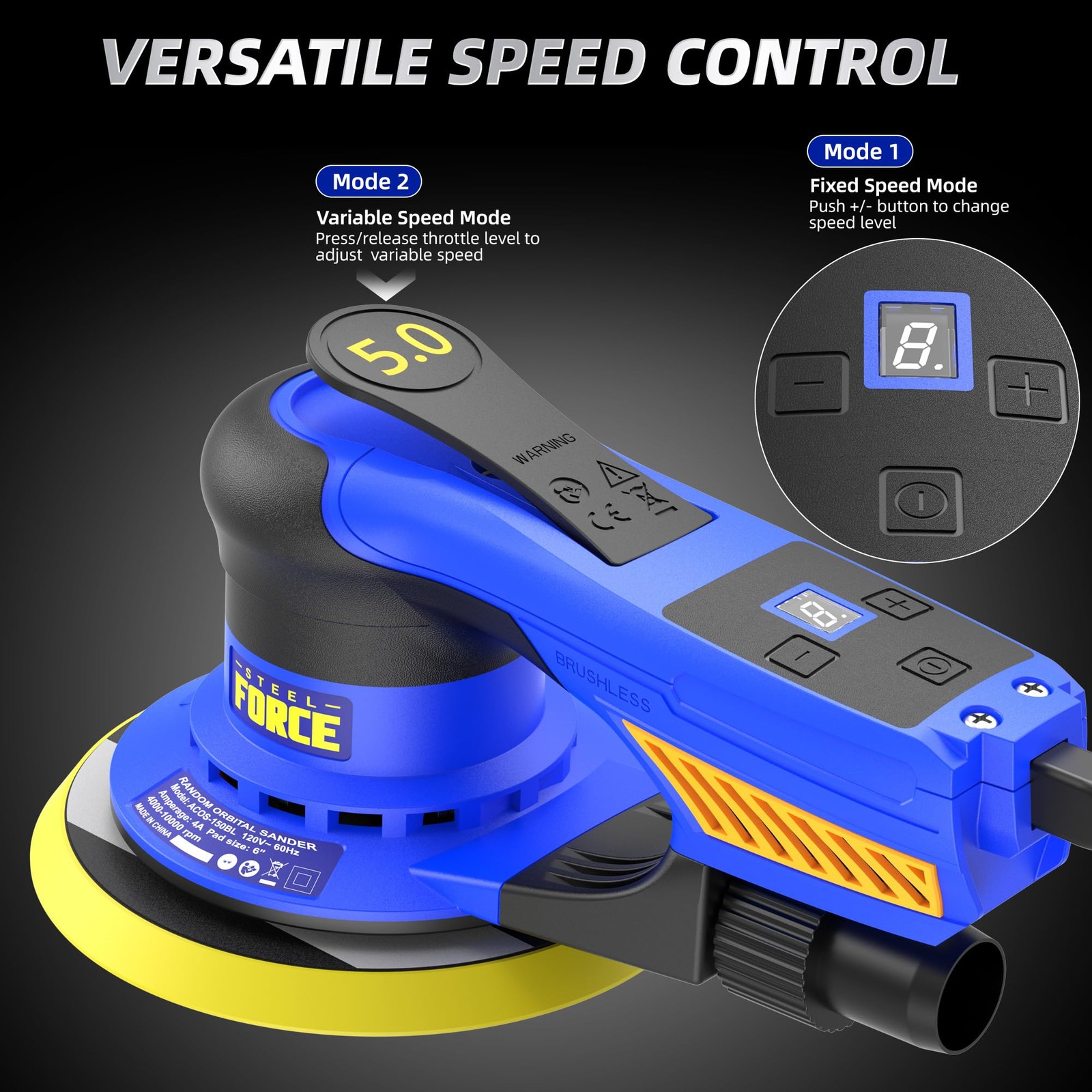 5mm Random Orbital Sander, Brushless 480W 4A, Multi-function Variable Speed E...
