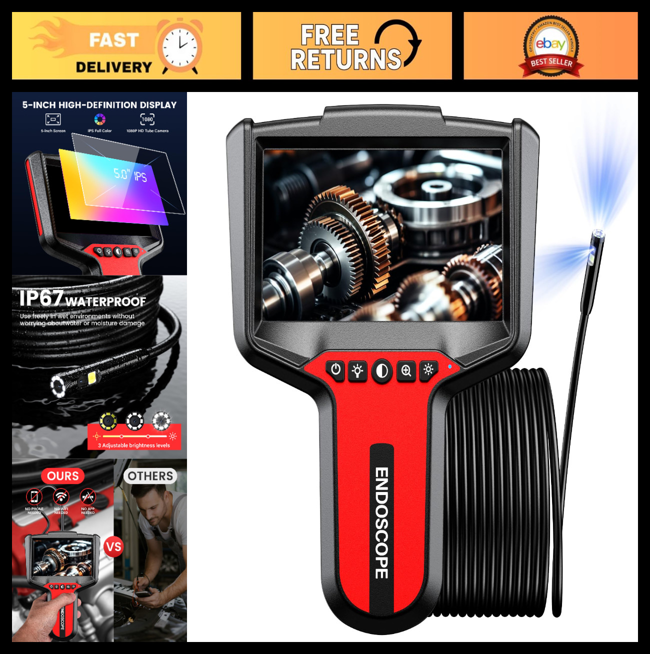 1080P Dual-Lens Endoscope Camera with Light - 16.4ft Waterproof Inspection Bores