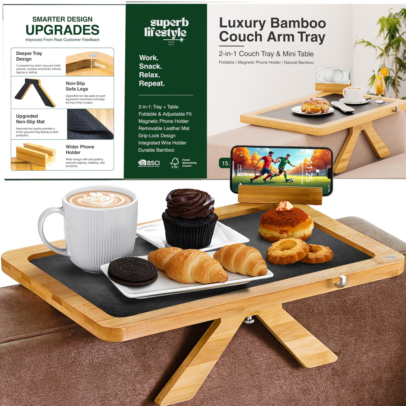 Bamboo Sofa Arm Tray Table – Fits Most of The Sofa Arms, 3 in 1 Adjustable
