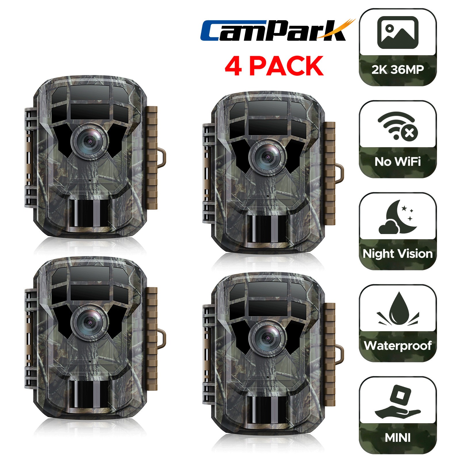 4 Pack 2K Hunting Game Trail Camera 36MP Wildlife Waterproof Cam Night Vision