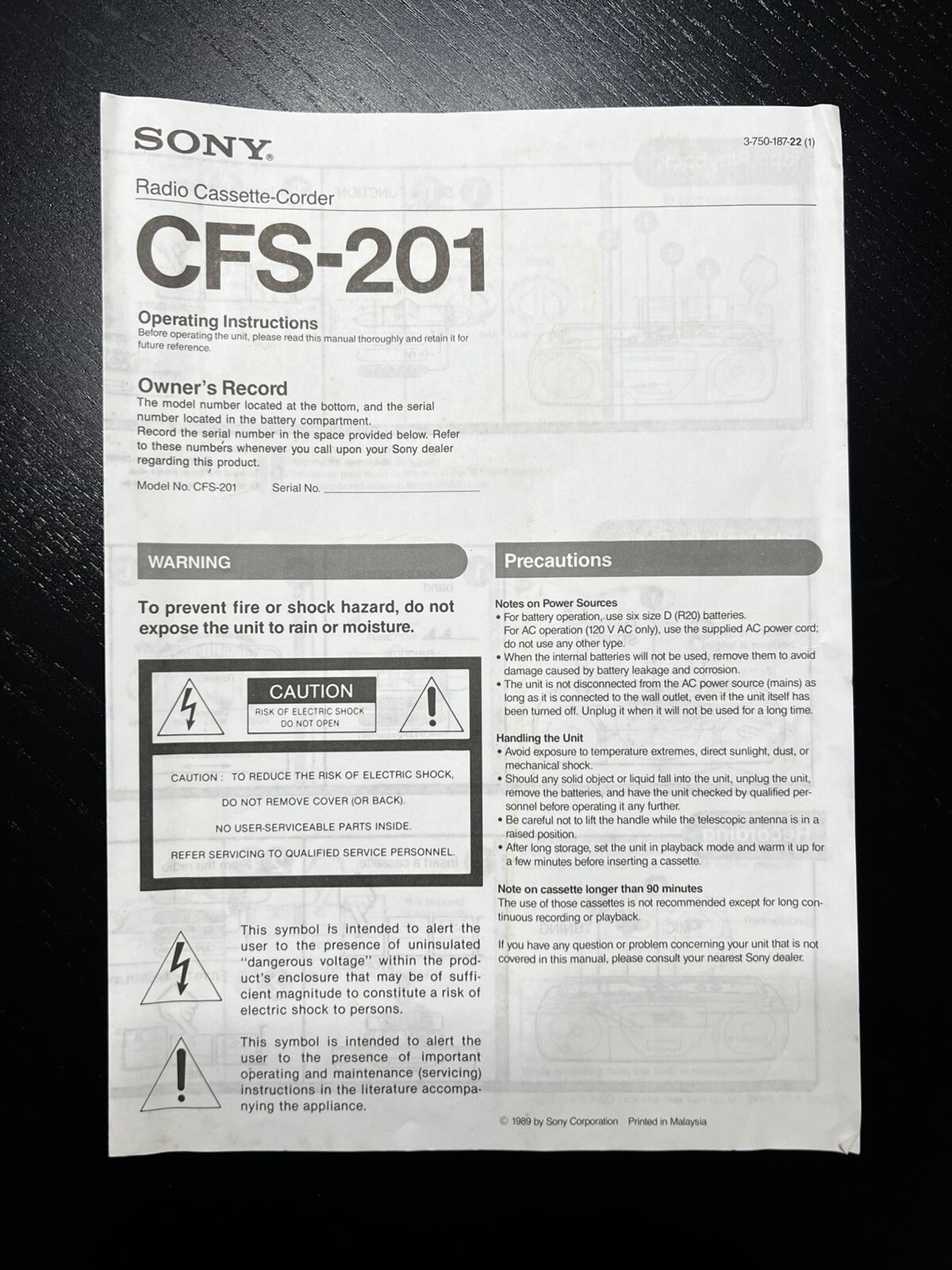 Sony Radio Cassette-Corder Recorder CFS-201 Owner’s Instructions Manual Guide