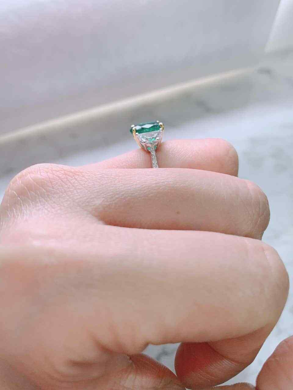 Lab-Created Forest Green 2.3CT Emerald & Two Half Moon Shape CZ Three Stone Ring