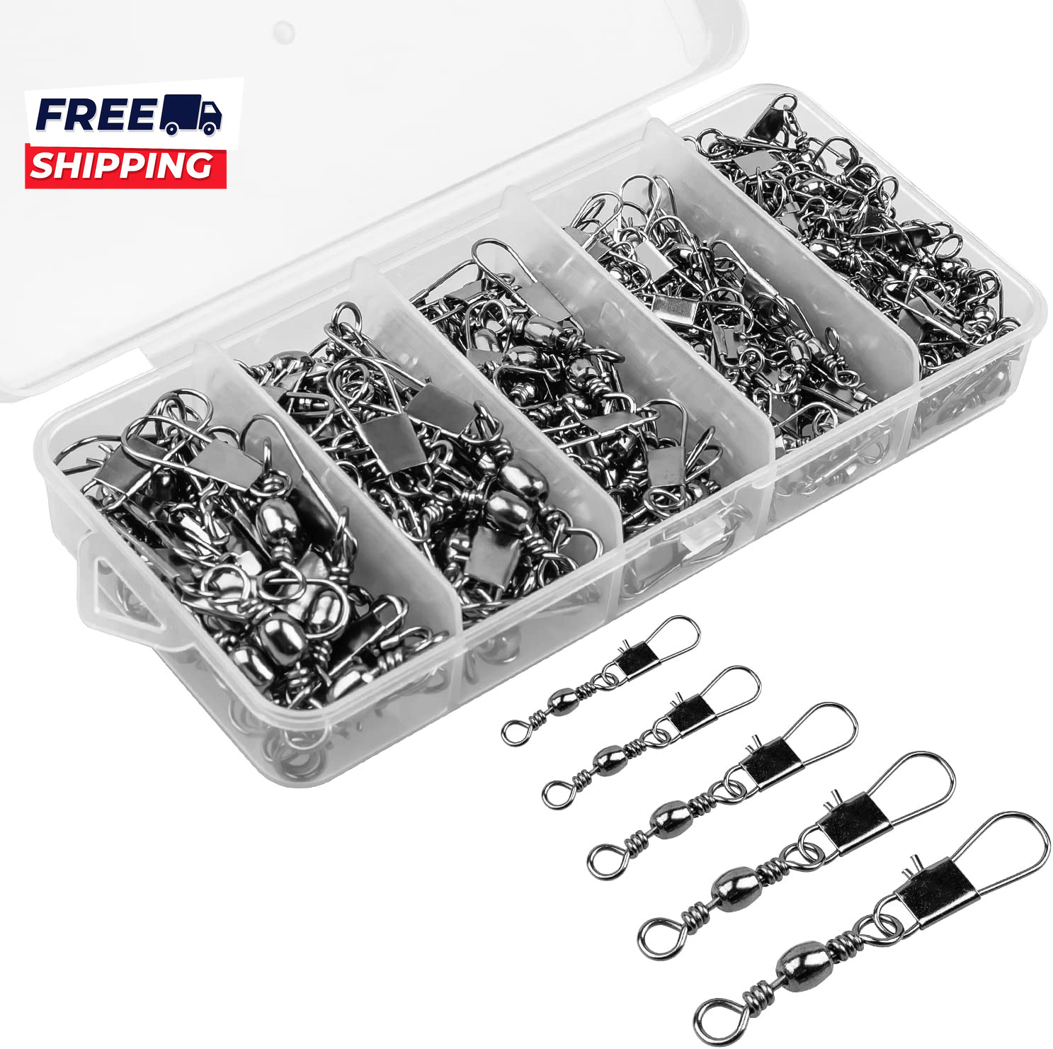 200PCS Fishing Rolling Ball Bearing Barrel Swivel with Safety Snap Connector
